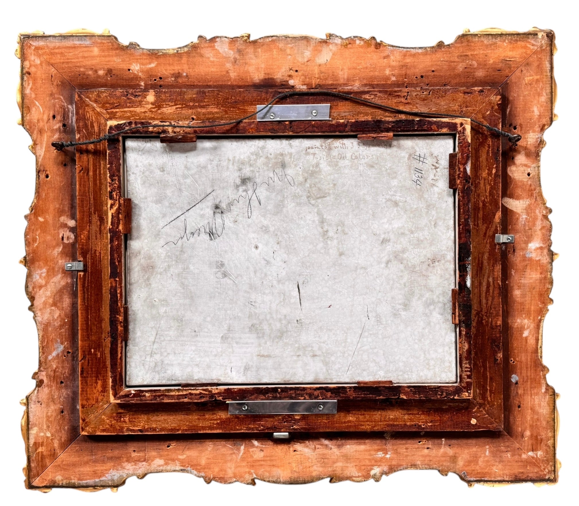 The artwork is a painting on porcelain plaque, titled "Chickens Foraging in a Barn Yard" by the American artist Paul E. Harney Jr. (1850-1915). It is housed in an ornate, gilt frame. The painting depicts a rural scene with several chickens on a grassy ground near a small structure with a thatched roof and a white picket fence in the background