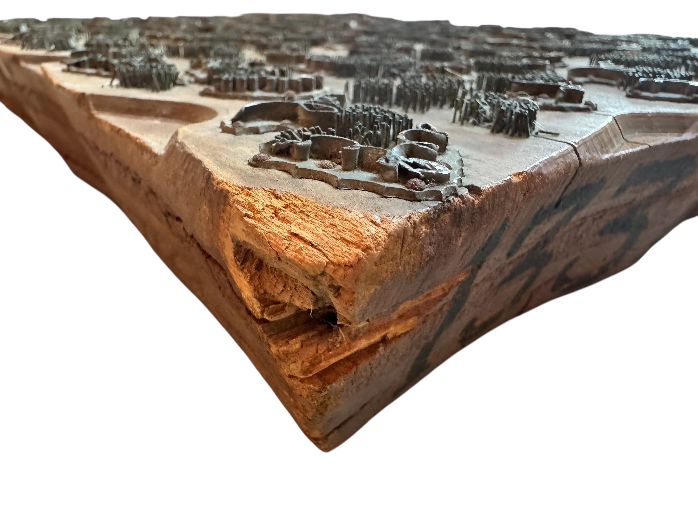 A vintage carved wooden printing block with intricate, repeating patterns, engraved with an unknown artist's signature and stamped "Made in France." The wood shows signs of age and wear, adding to its historical character