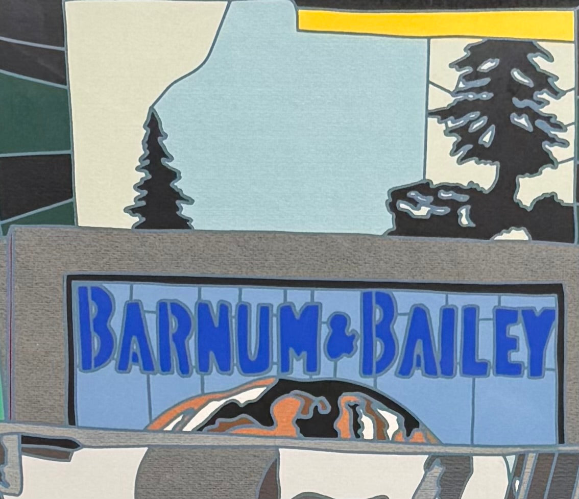 A pop art style image featuring a man in a hat and suit, an easel with art supplies including paintbrushes in a pot, and a sign in the background that reads "BARNUM & BAILEY" by Ugo Nespolo. The artwork uses a collage-like composition with geometric shapes and bold colors.