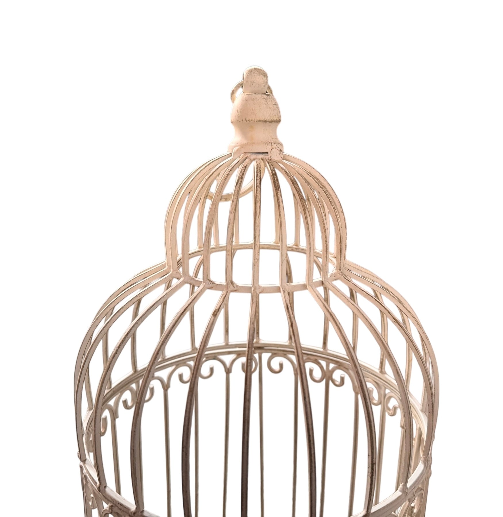 A single, white or cream-colored, decorative wrought iron bird cage with a hinged door and a hanging loop at the top. The cage has a vintage or antique style