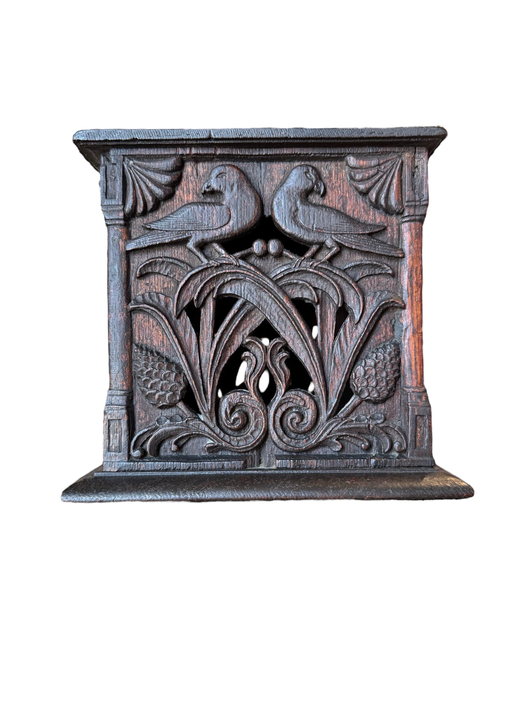 Diminutive Piece Carved Mahogany Cabinet, 19th Century, Mahogany, Cabinet, bird carvings, botanical carvings, sloping integral base, one door, floral motifs, brass door handle