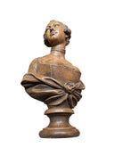 Terracotta bust of Madame de Pompadour, highlighting her elegant features and elaborate coiffure in the Rococo style of the French court.