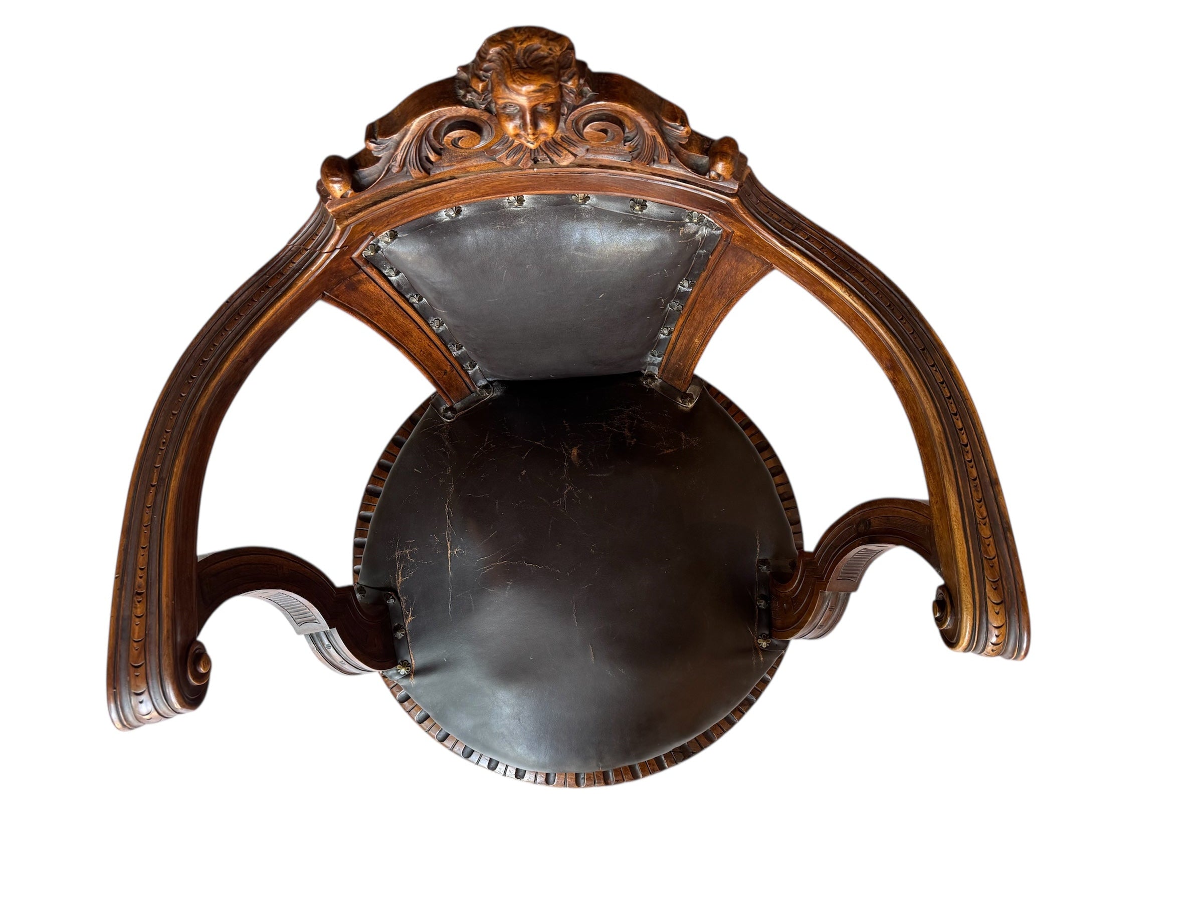 Antique French carved chair 
Figural crest walnut desk chair 
19th-century French leather swivel 
Vintage wood office chair sale
Antique french wooden chair
Carved walnut
Leather seat
Swivel base
Figural crest
Antique chair
French design
Desk chair
19th-century
Antique
Vintage
French
Carved
Walnut
Swivel
Desk chair
Leather
Upholstered
Ornate
Figural
Wood
Nineteenth-century
Office
Patinated
Decorative
Unique