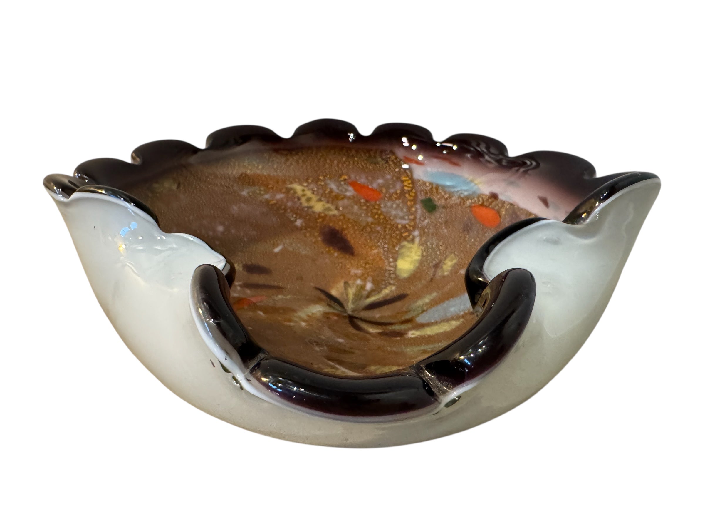 Murano art glass bowl with amethyst edge, gold flecks, and colorful glass inclusions.