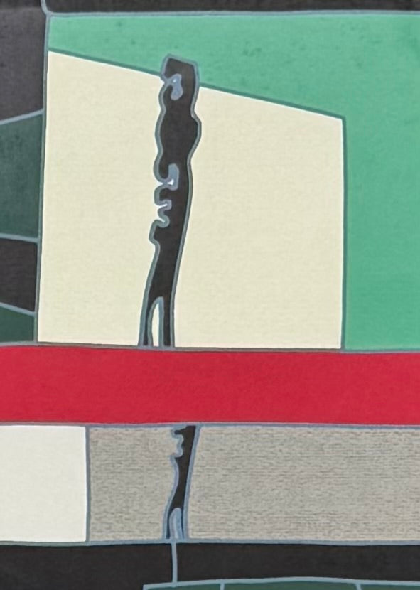 A pop art style image featuring a man in a hat and suit, an easel with art supplies including paintbrushes in a pot, and a sign in the background that reads "BARNUM & BAILEY" by Ugo Nespolo. The artwork uses a collage-like composition with geometric shapes and bold colors.