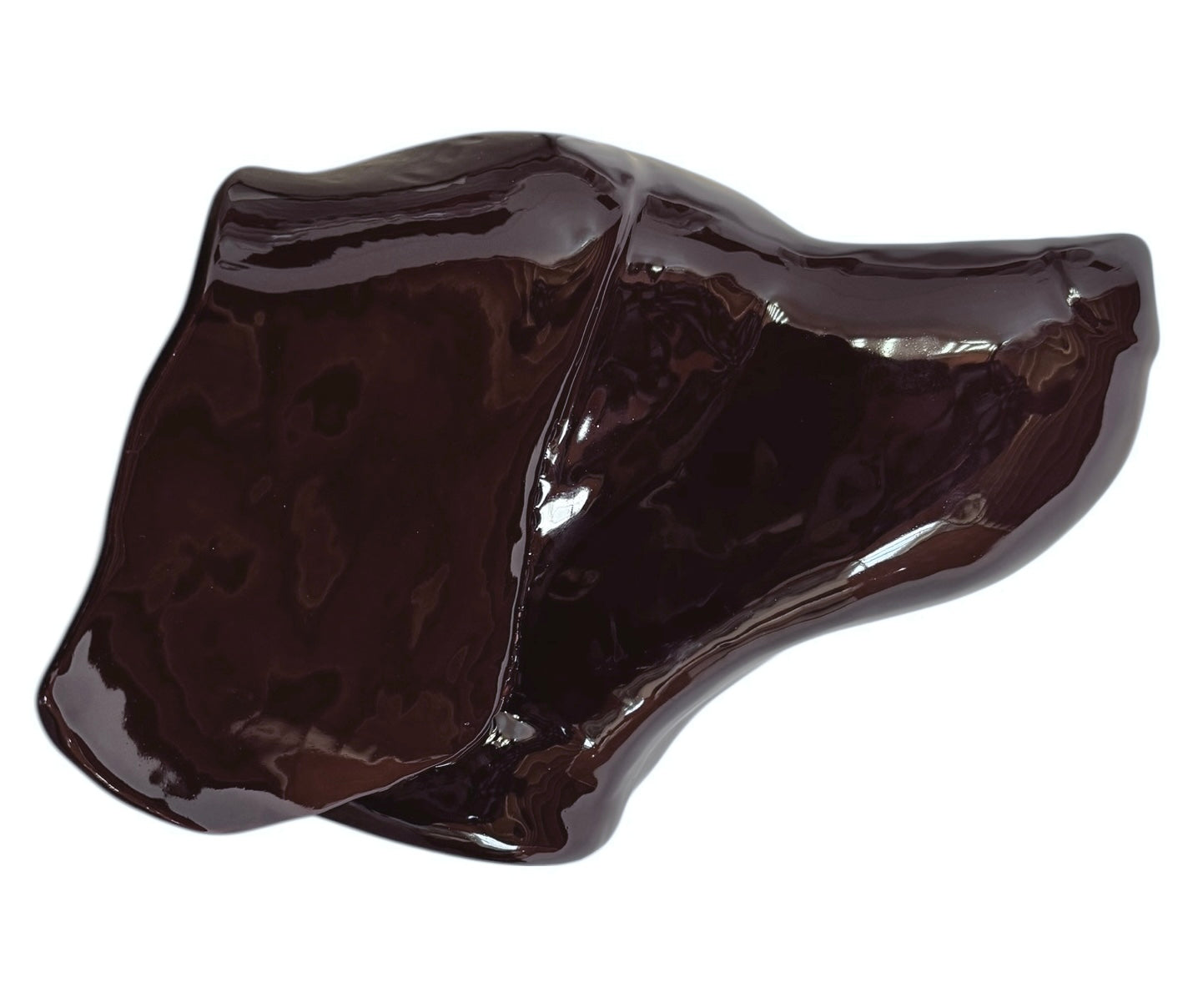A glossy, dark chocolate brown ceramic bust of a Labrador dog. Created by Enza Fasano, the sculpture features a minimalist, stylized design with smooth, flowing lines and a high-shine glaze that reflects light. The dog’s long ears drape down the sides, and its snout is rounded, capturing the gentle essence of the breed in a contemporary Italian pottery style.