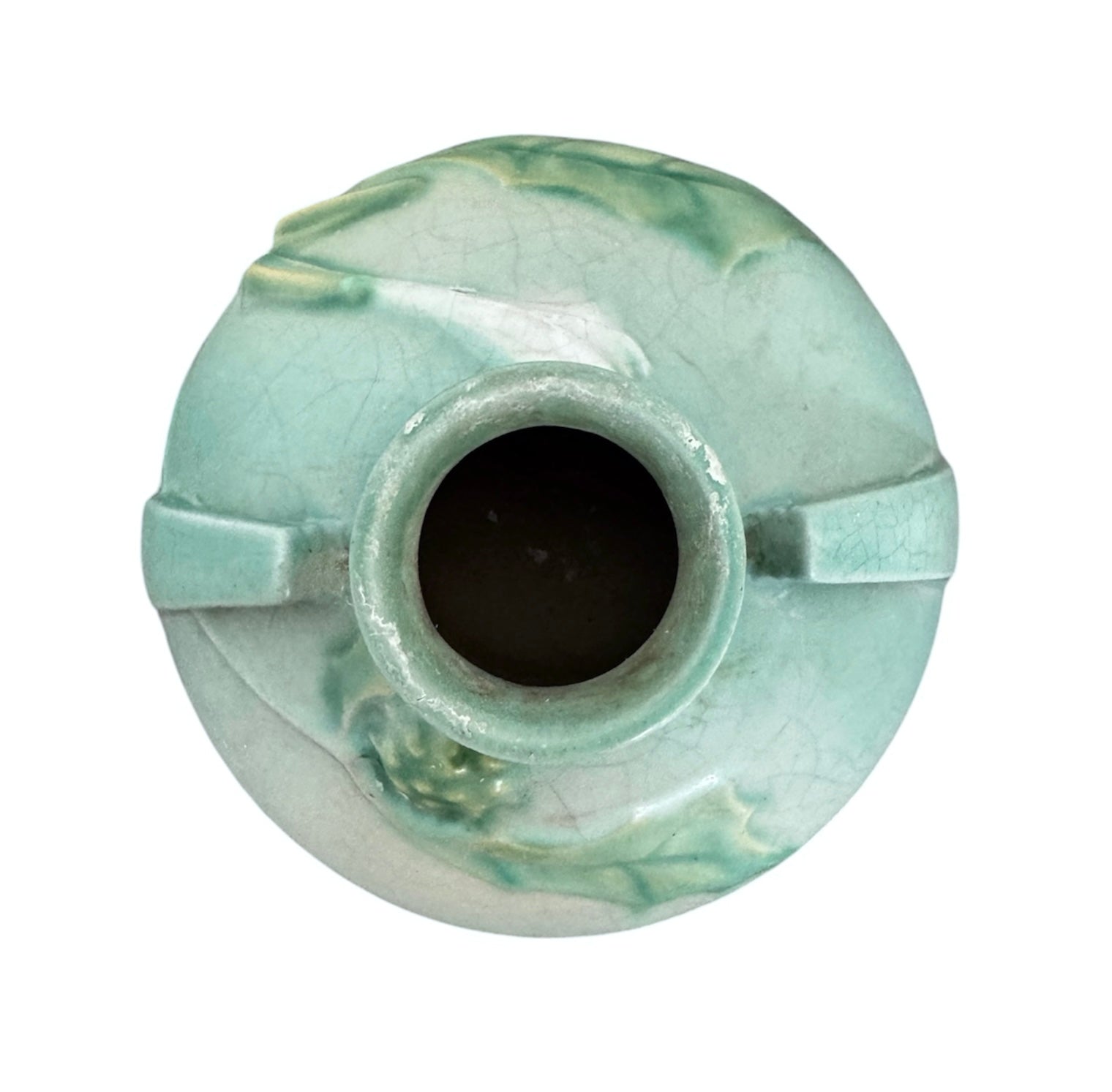 A squat, rounded vintage Roseville pottery vase in a light teal-blue matte glaze. The vase features two small, angular geometric handles on its shoulders and a flared rim. Embossed on the front is a cluster of textured, green and pale-yellow thornapple blossoms tucked against sharp, serrated green leaves. The surface shows a subtle, fine network of age-related crazing lines throughout the glaze.