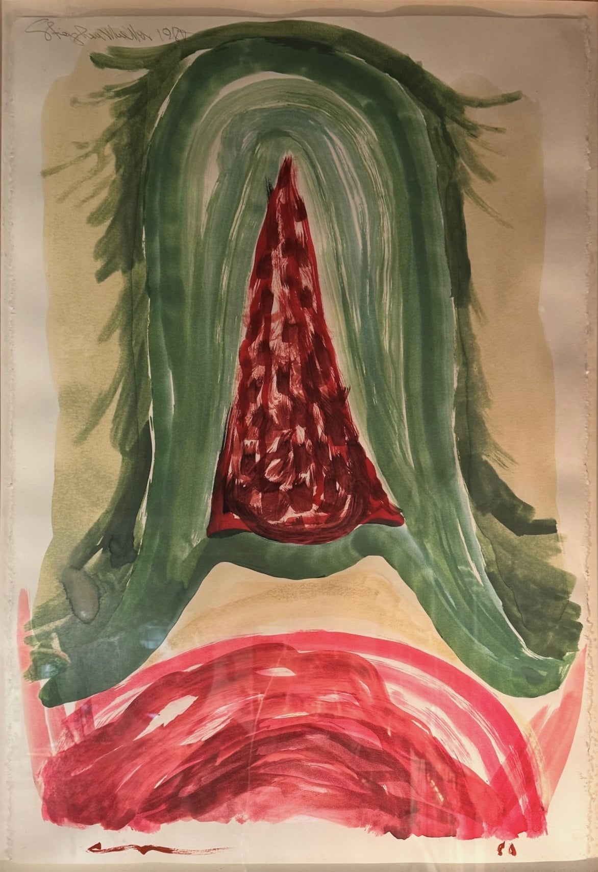 An abstract watercolor painting featuring a central red conical shape framed by large green arches, with a horizontal red wash at the bottom.