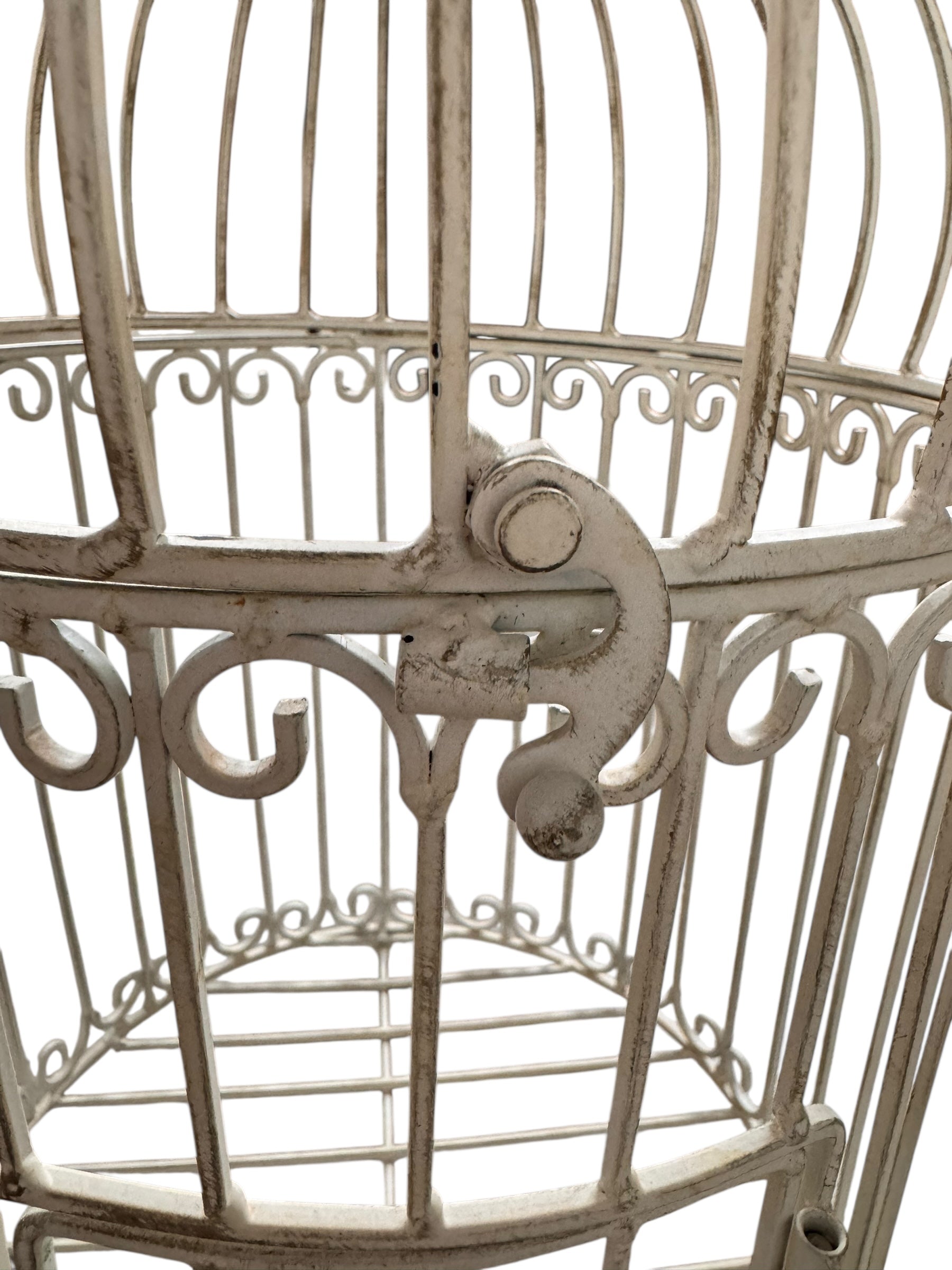 A single, white or cream-colored, decorative wrought iron bird cage with a hinged door and a hanging loop at the top. The cage has a vintage or antique style
