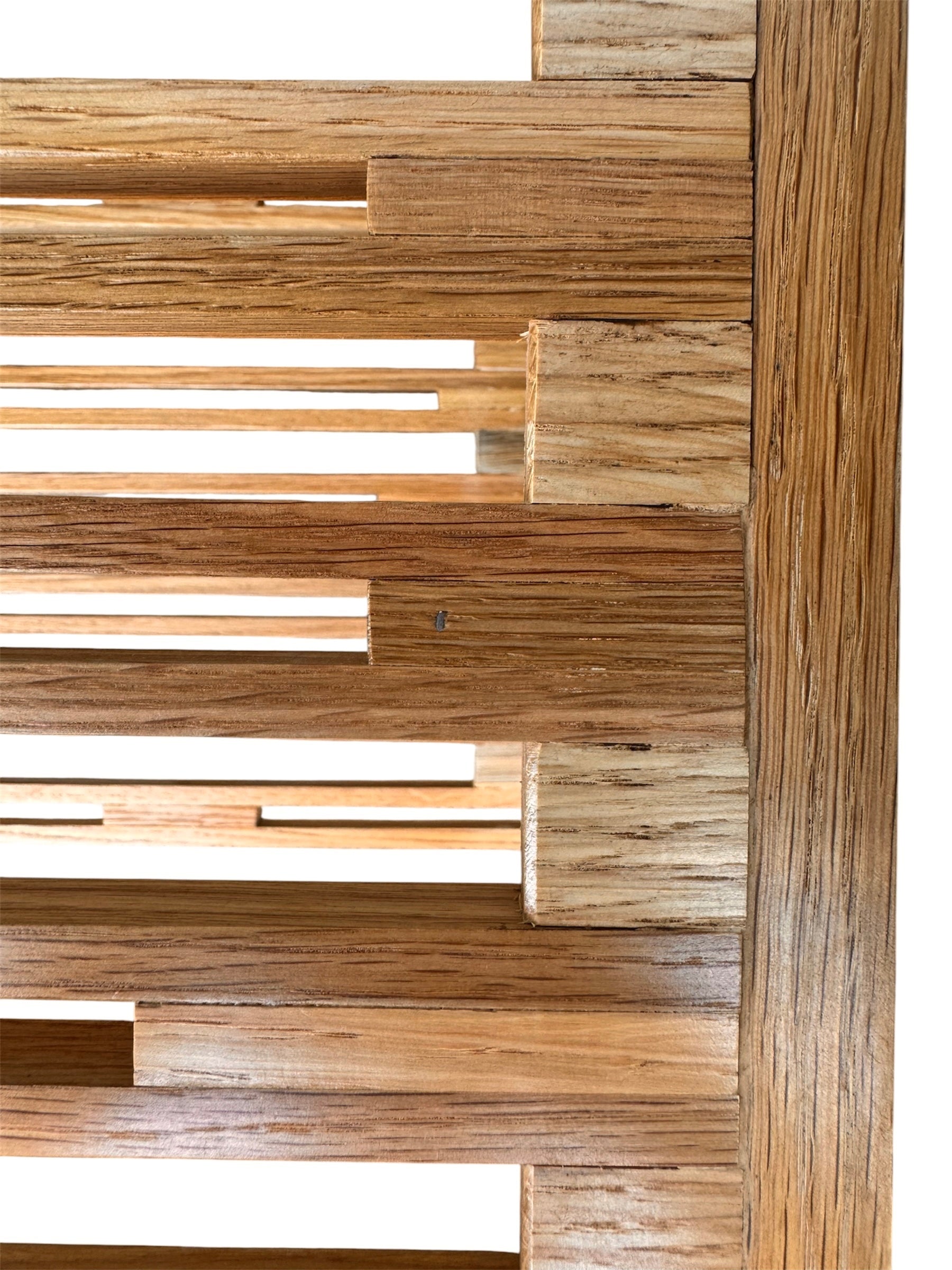 A three-tiered wooden shelving unit featuring a mix of light oak and teal-colored panels. The piece has an open, structural design with visible joinery, vertical supports that extend past the top shelf, and a horizontal backrest at the top. The middle and bottom shelves feature slatted wood center sections flanked by solid teal panels, while the top surface is primarily solid wood with teal accents at the edges.