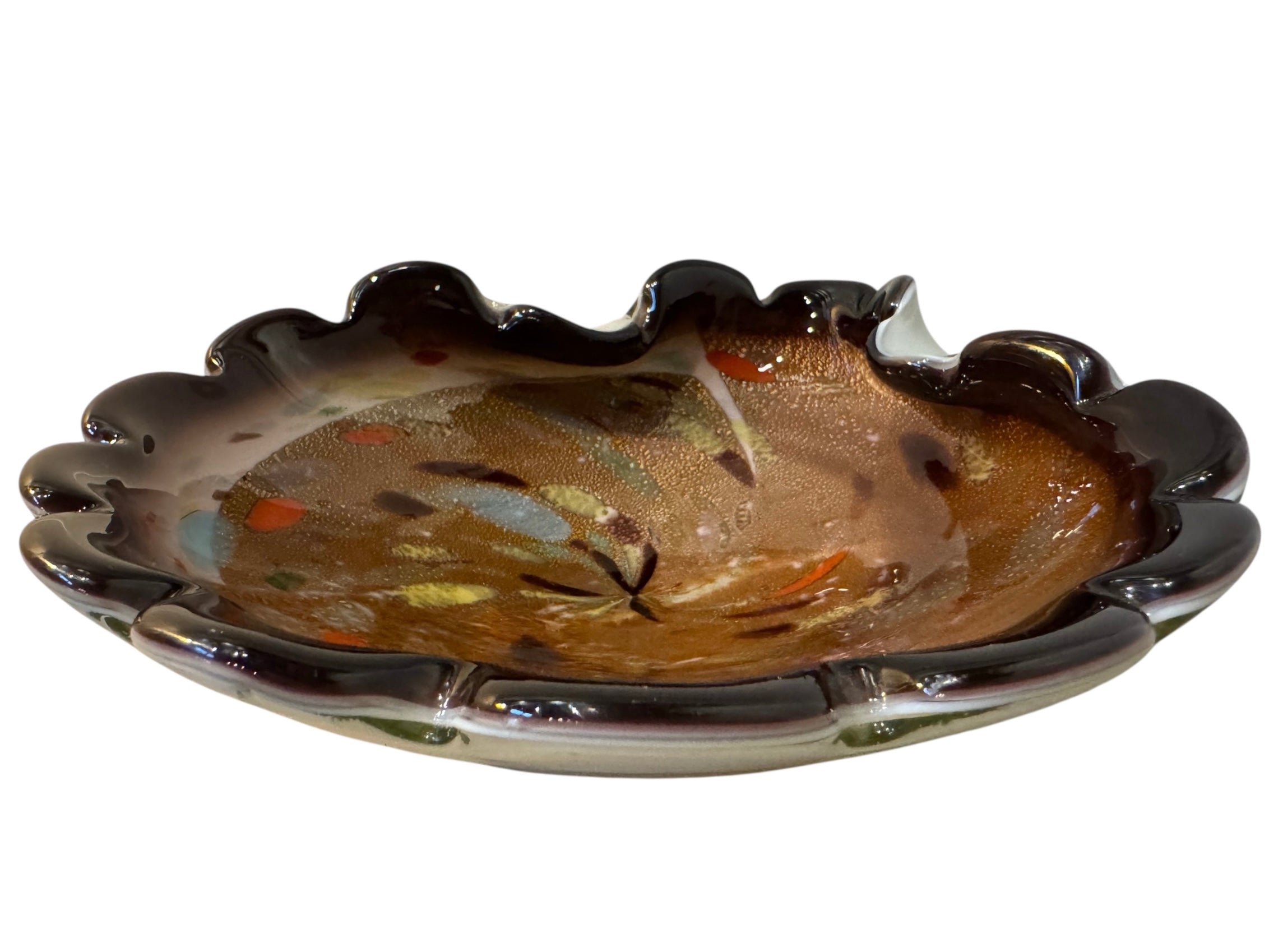 Murano art glass bowl with amethyst edge, gold flecks, and colorful glass inclusions.