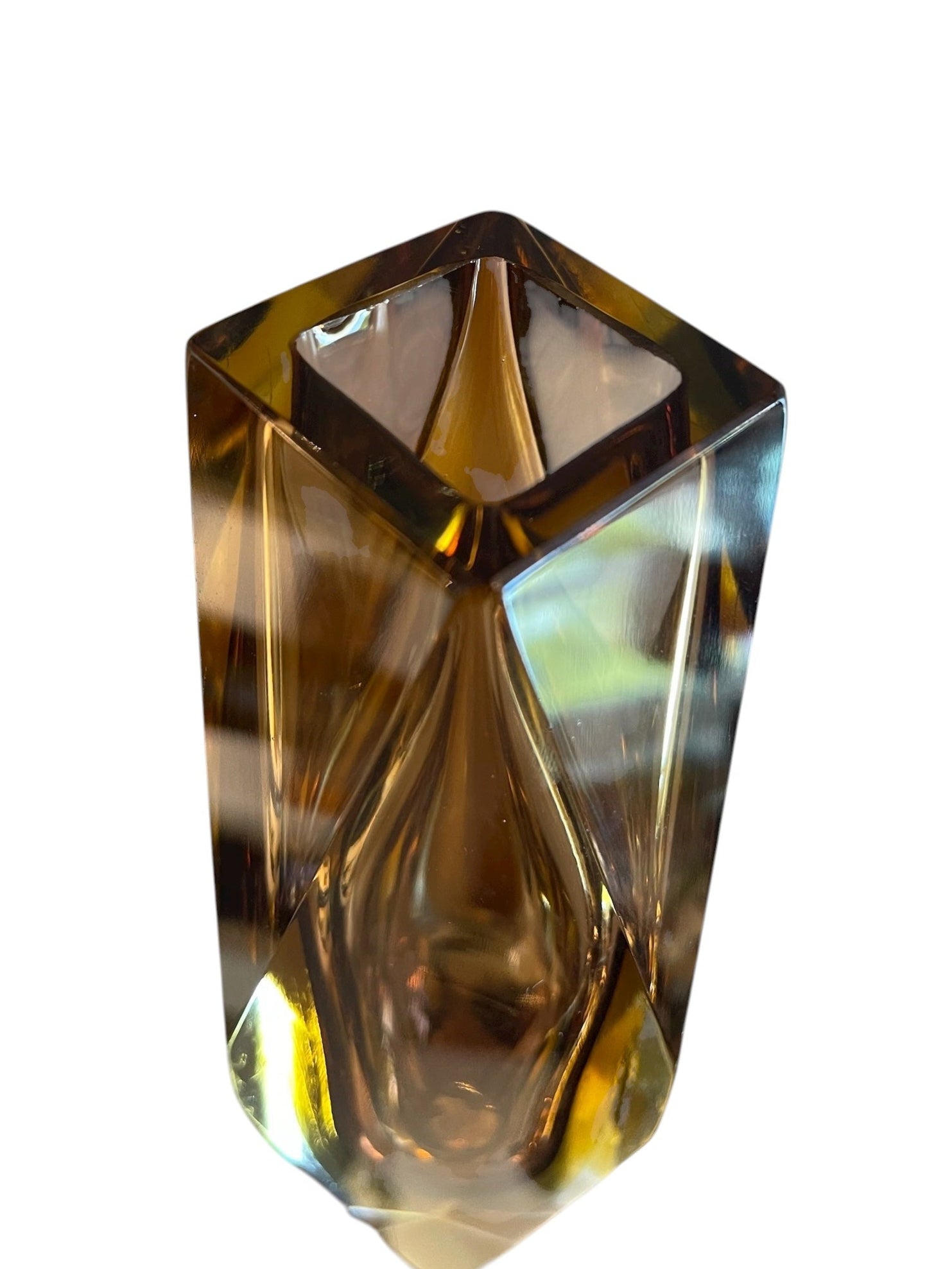 Mid-century modern vase with amber to clear ombré glass, geometric faceted design, in the Sommerso style