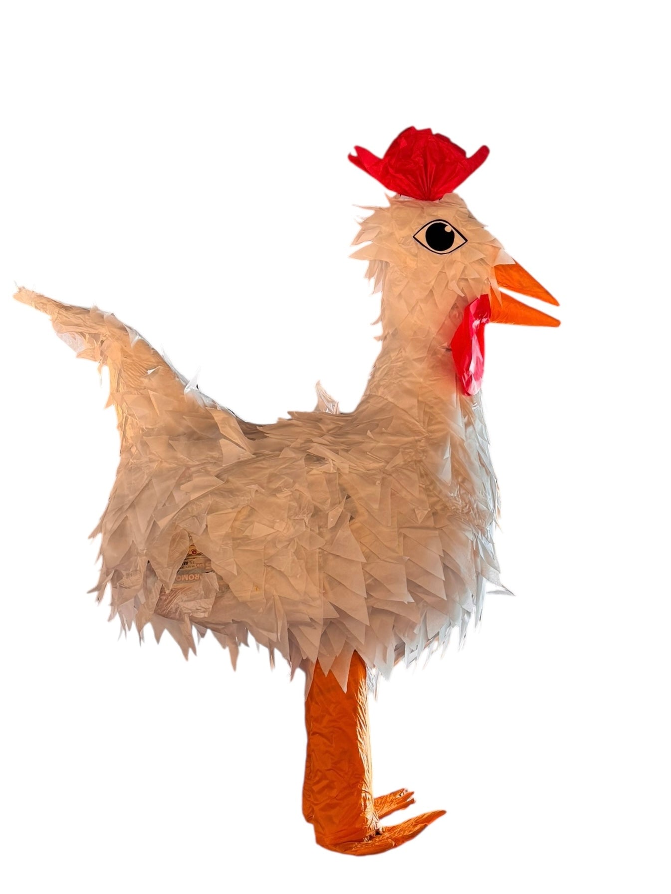 A white chicken pinata with red comb and wattles, and orange beak and legs, standing upright.