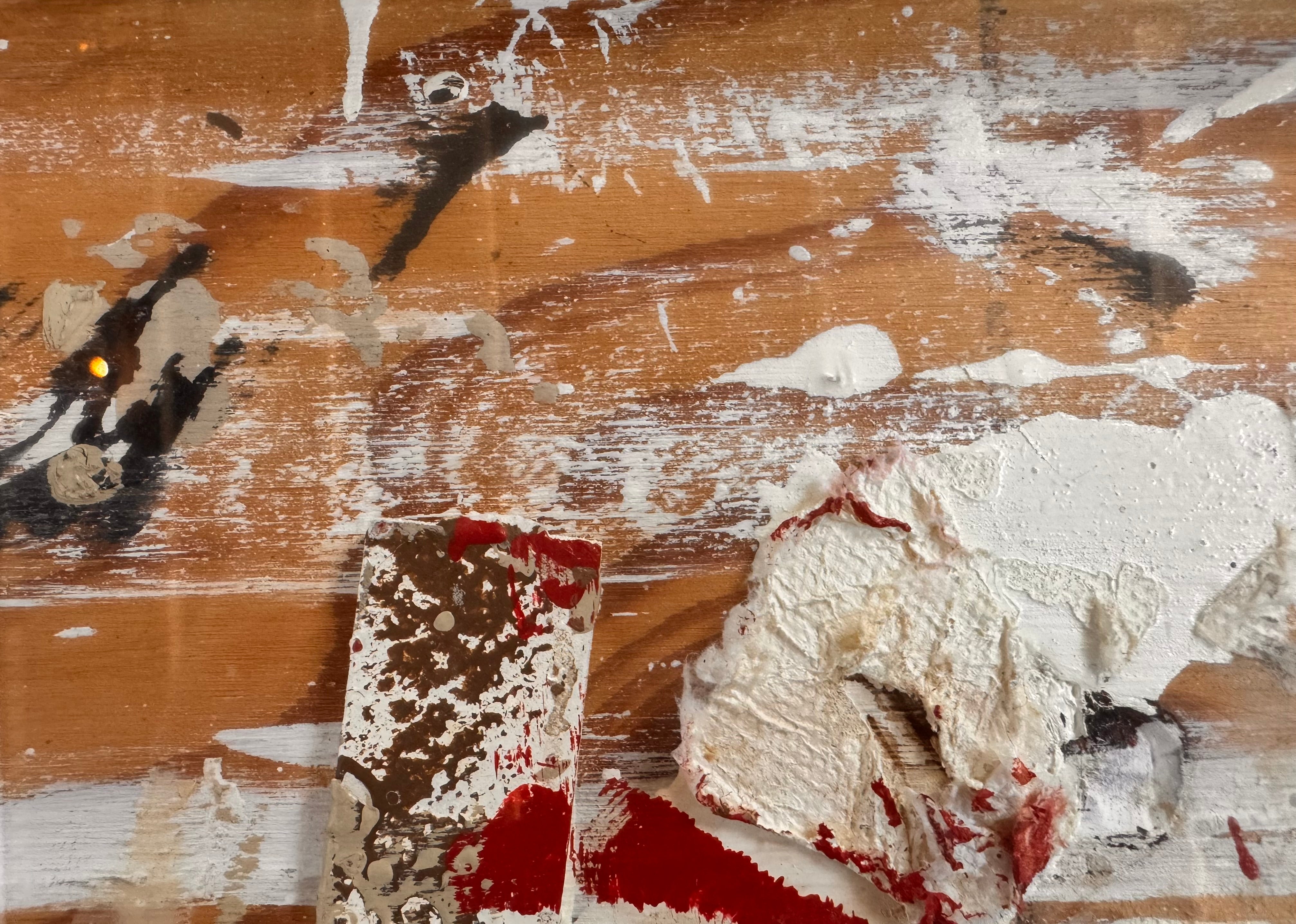horizontal rectangular mixed media abstract artwork by J. Rogers, dated 2010, presented in a thin black frame. The composition is set against a light-toned wood grain background and features a dynamic, gestural arrangement of thick white impasto, splatters of red and black paint, and aggressive black scribbles. A vertical strip of textured material is collaged near the center, while various washes of tan and cream create a sense of weathered depth across the wooden surface.