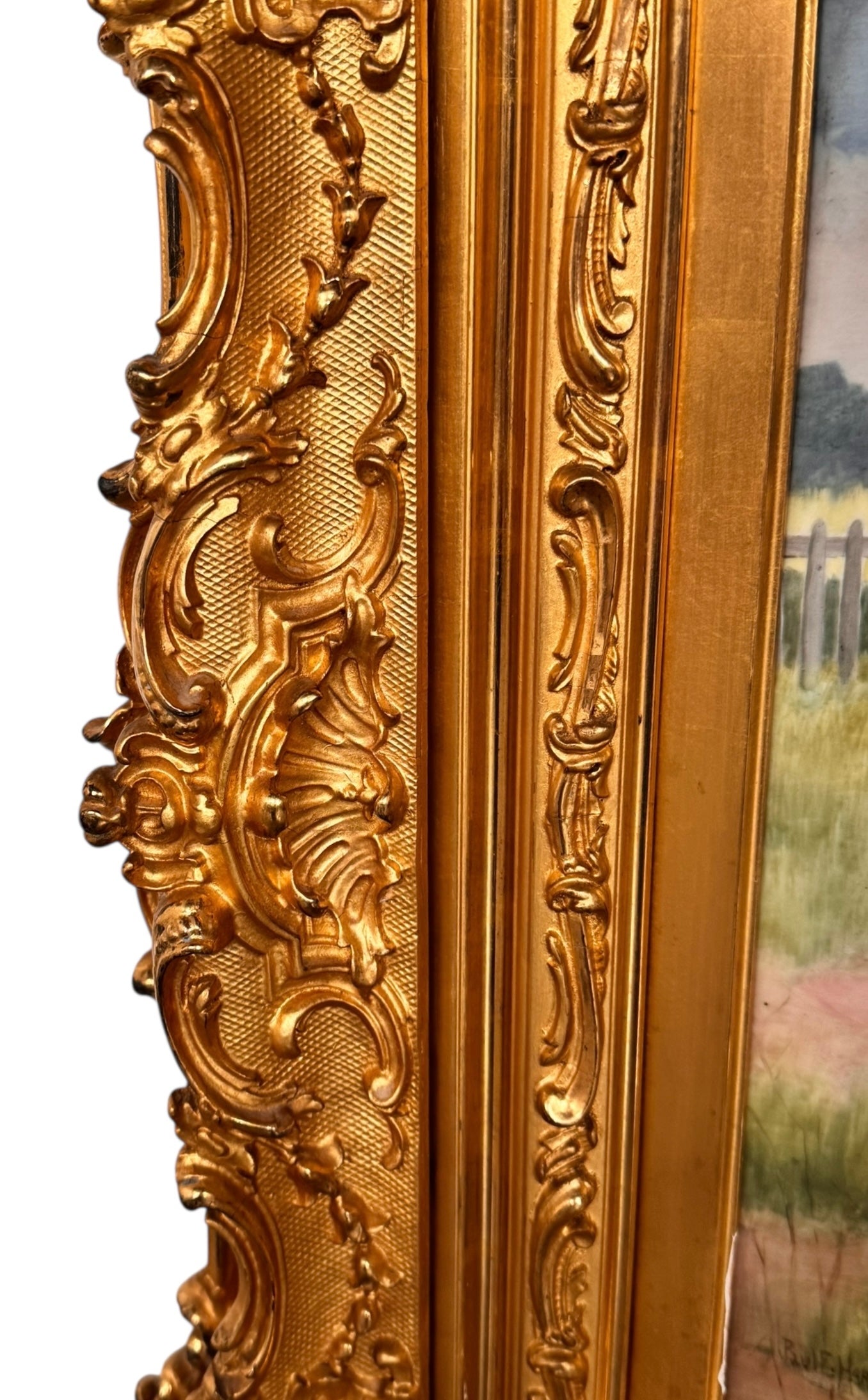 The artwork is a painting on porcelain plaque, titled "Chickens Foraging in a Barn Yard" by the American artist Paul E. Harney Jr. (1850-1915). It is housed in an ornate, gilt frame. The painting depicts a rural scene with several chickens on a grassy ground near a small structure with a thatched roof and a white picket fence in the background