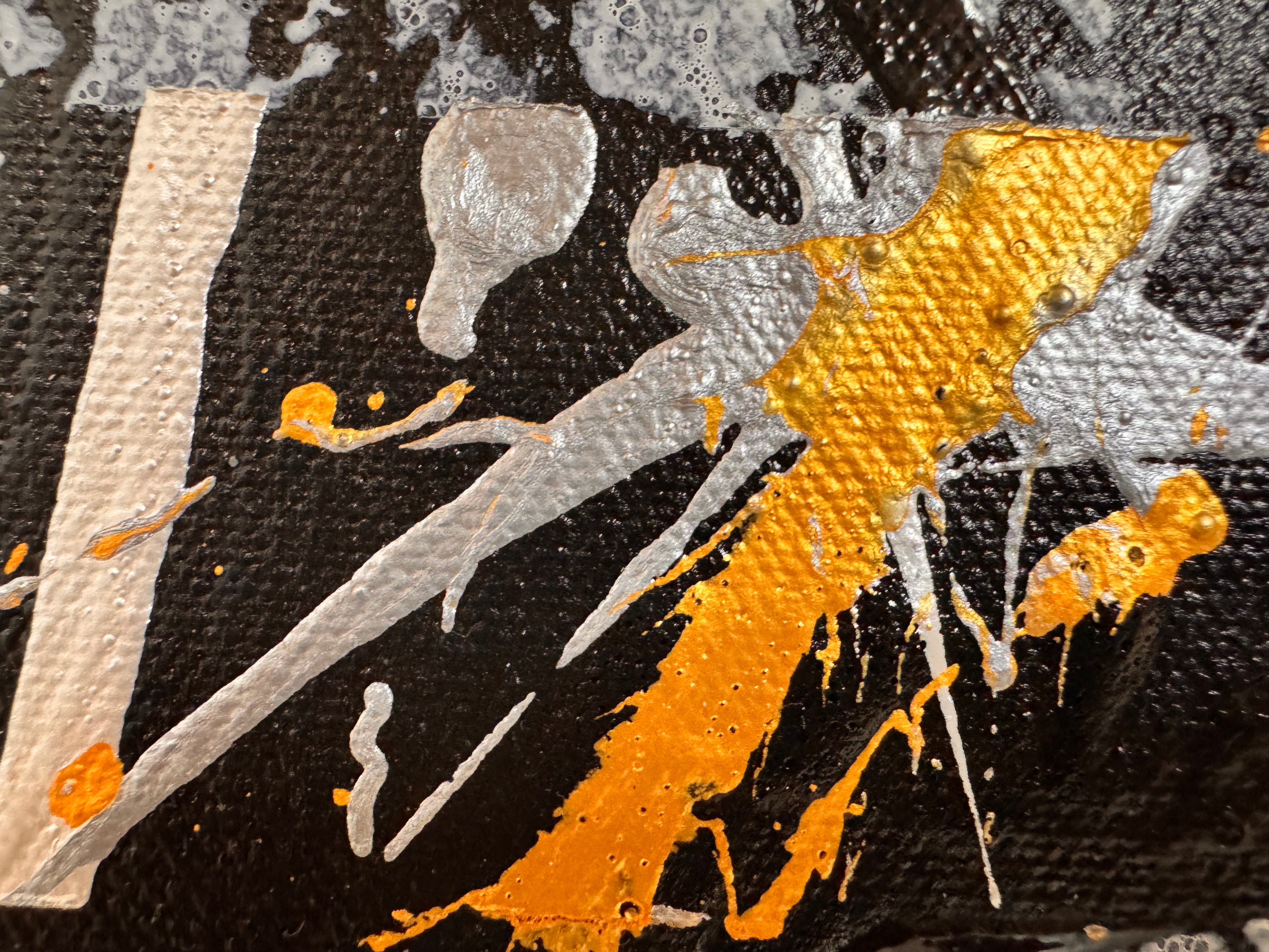 An abstract, vertical-oriented canvas painting featuring a dark background layered with highly textured, horizontal bands. The composition alternates between solid black strips and dense, speckled white-and-grey patterns that resemble static or stone texture. Splattered across the surface are energetic drips, lines, and splotches of bright yellow, stark white, and grey paint, creating a chaotic yet rhythmic sense of movement overlaying the geometric structure underneath.