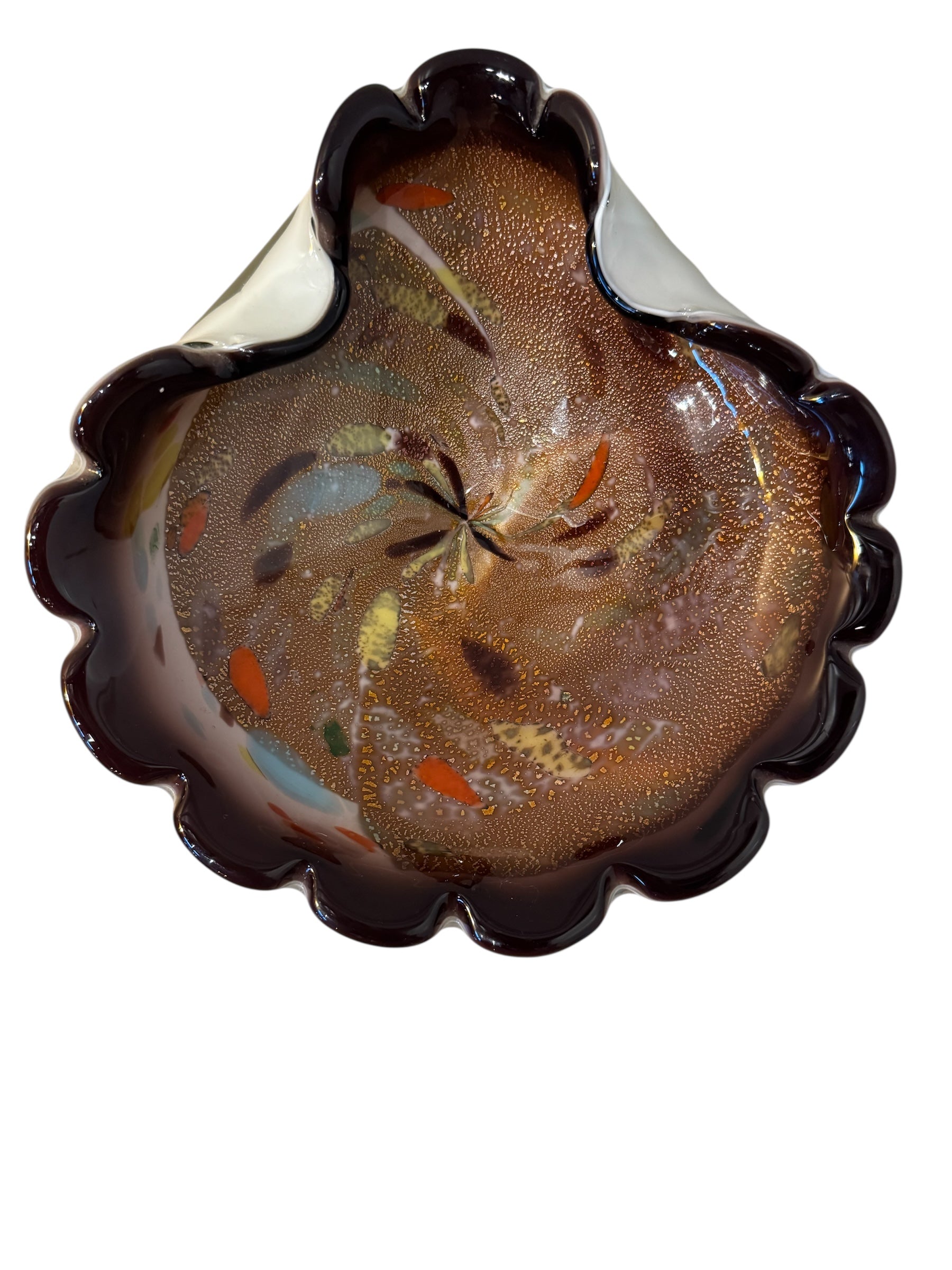 Murano art glass bowl with amethyst edge, gold flecks, and colorful glass inclusions.