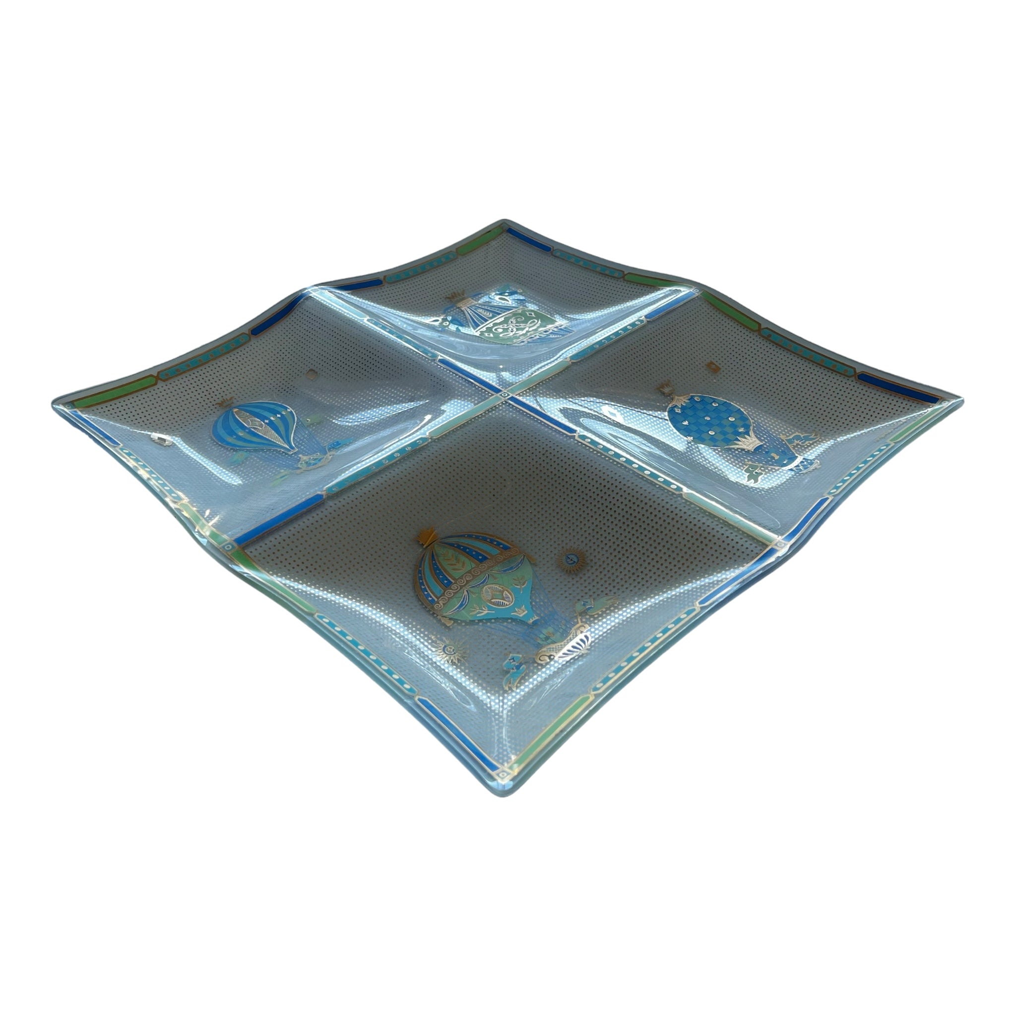 whimsical
tray
tabletop
Table Top
platter
mid century modern
Mid century
metallic
hot air balloon
Gold
Glass
Georges Briard
blue and white
1950s
decorative
decorative bowl
decorative tray