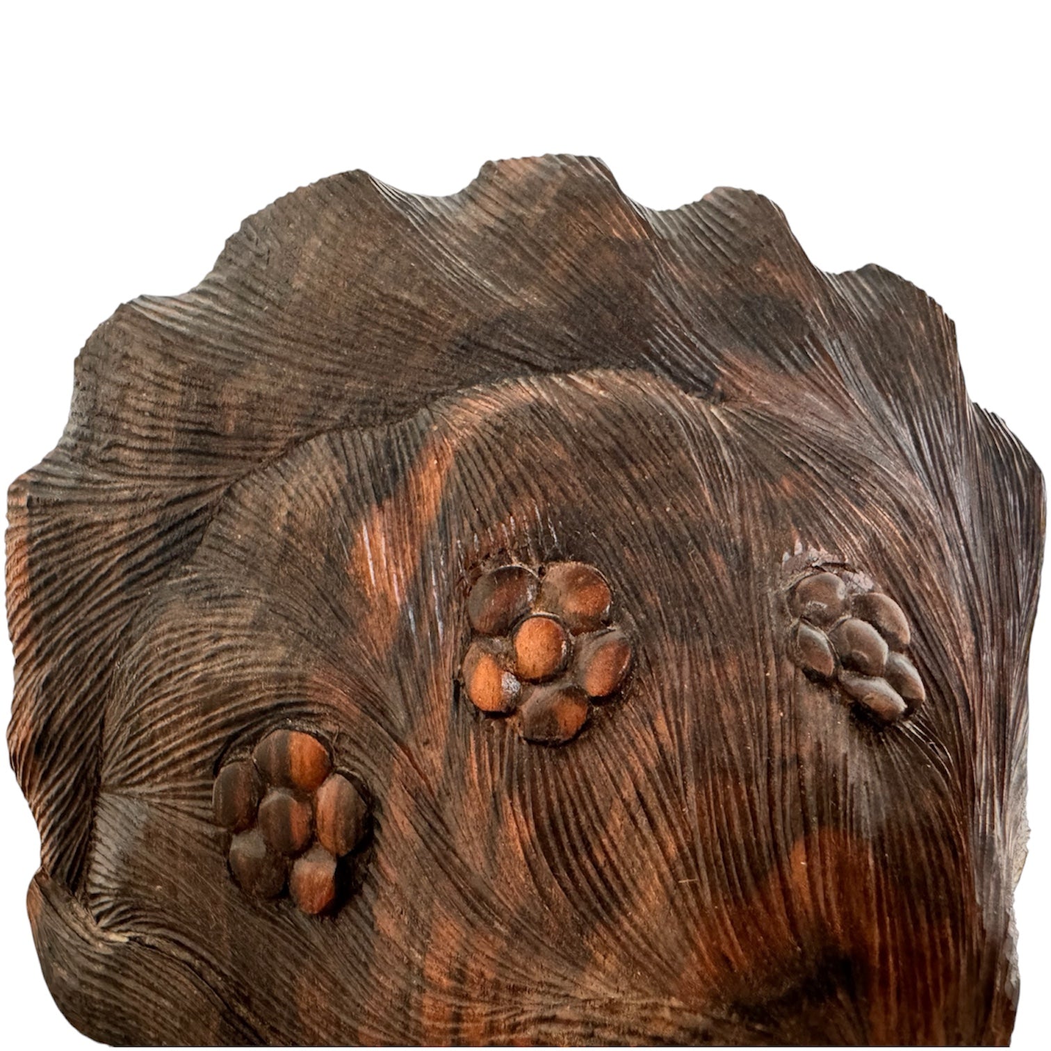 An elegant hand-carved bust of a woman made from rich, polished dark ebony wood with striking reddish-brown grain patterns running vertically through her face and chest. The sculpture features a serene expression with closed eyes, a slender nose, and relaxed lips. Her voluminous, textured hair rises upward in a Fan-like shape, intricately carved with fine lines and adorned with small, delicate flower details. The bust includes her bare shoulders and upper chest, resting on a flat base.