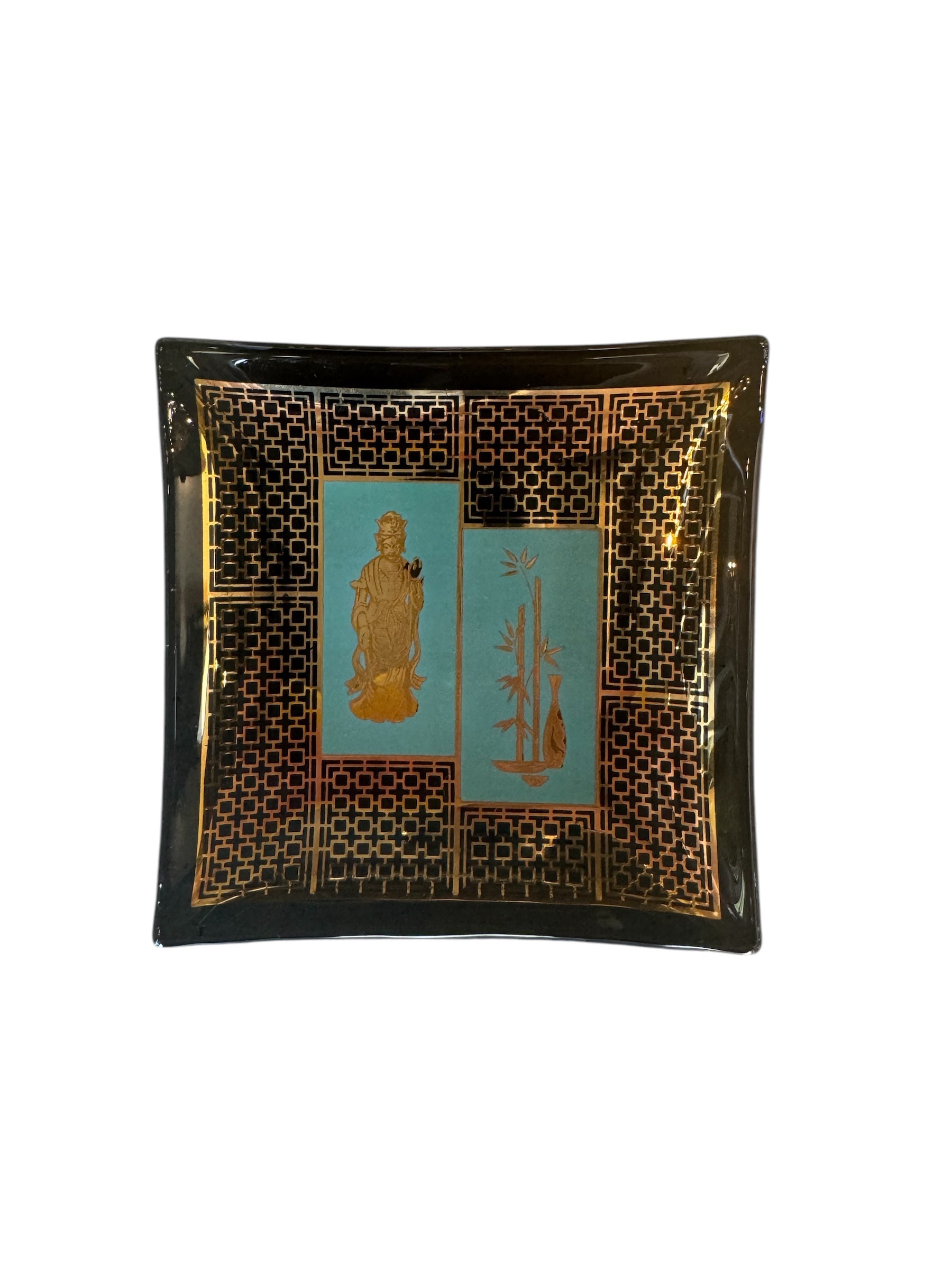 Mid Century Hostess Set, Black, Gold, Turquoise, James Mont Style, Smoked Glass, Etched 24kt Gold, coaster, trinket dish, hostess set, mid-century, geometric pattern