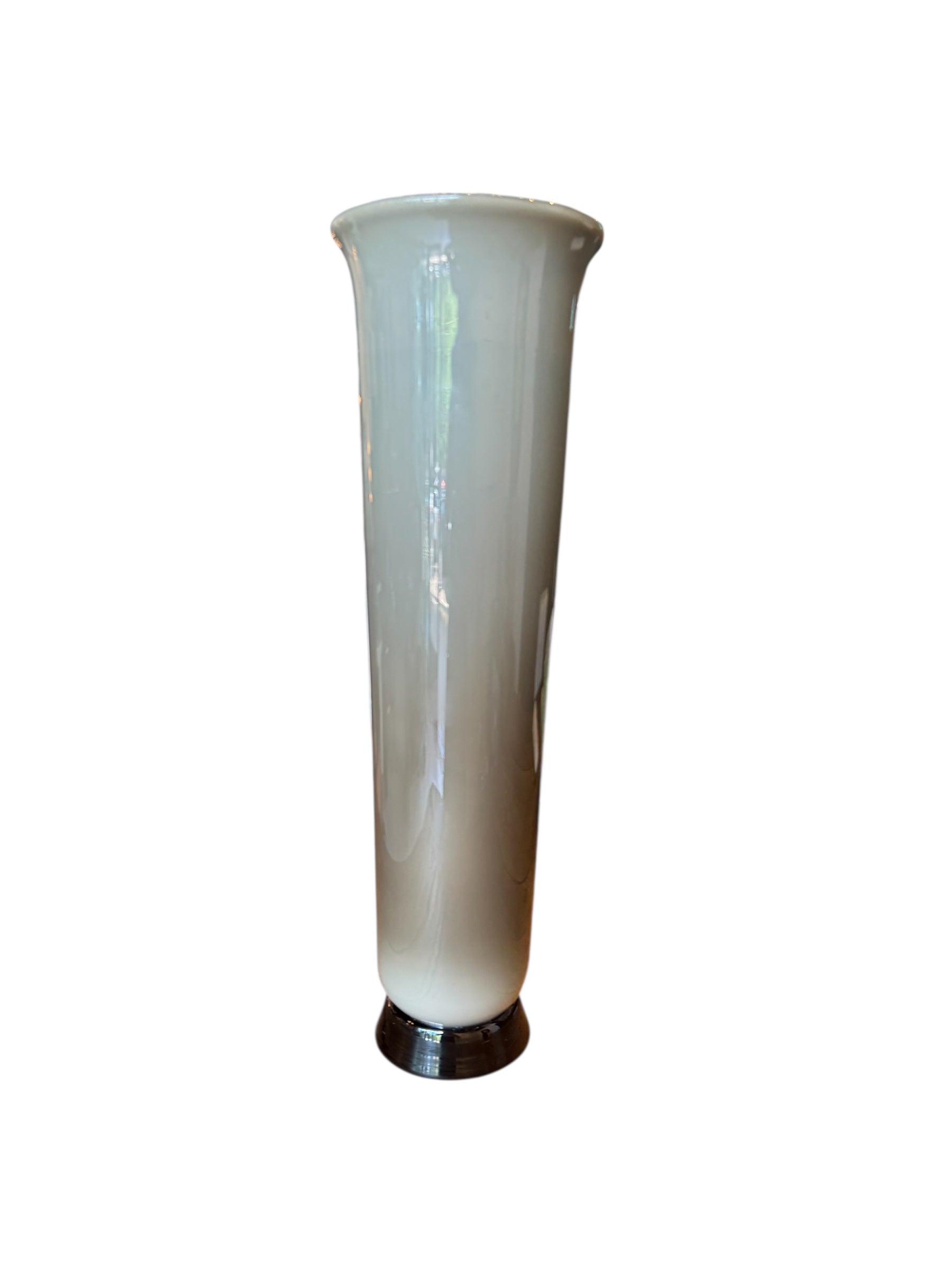 Image of a Venini Anni Trenta art glass vase, featuring a flared silhouette, Talpa colored exterior, and Acquamare interior, created using the Opalino technique