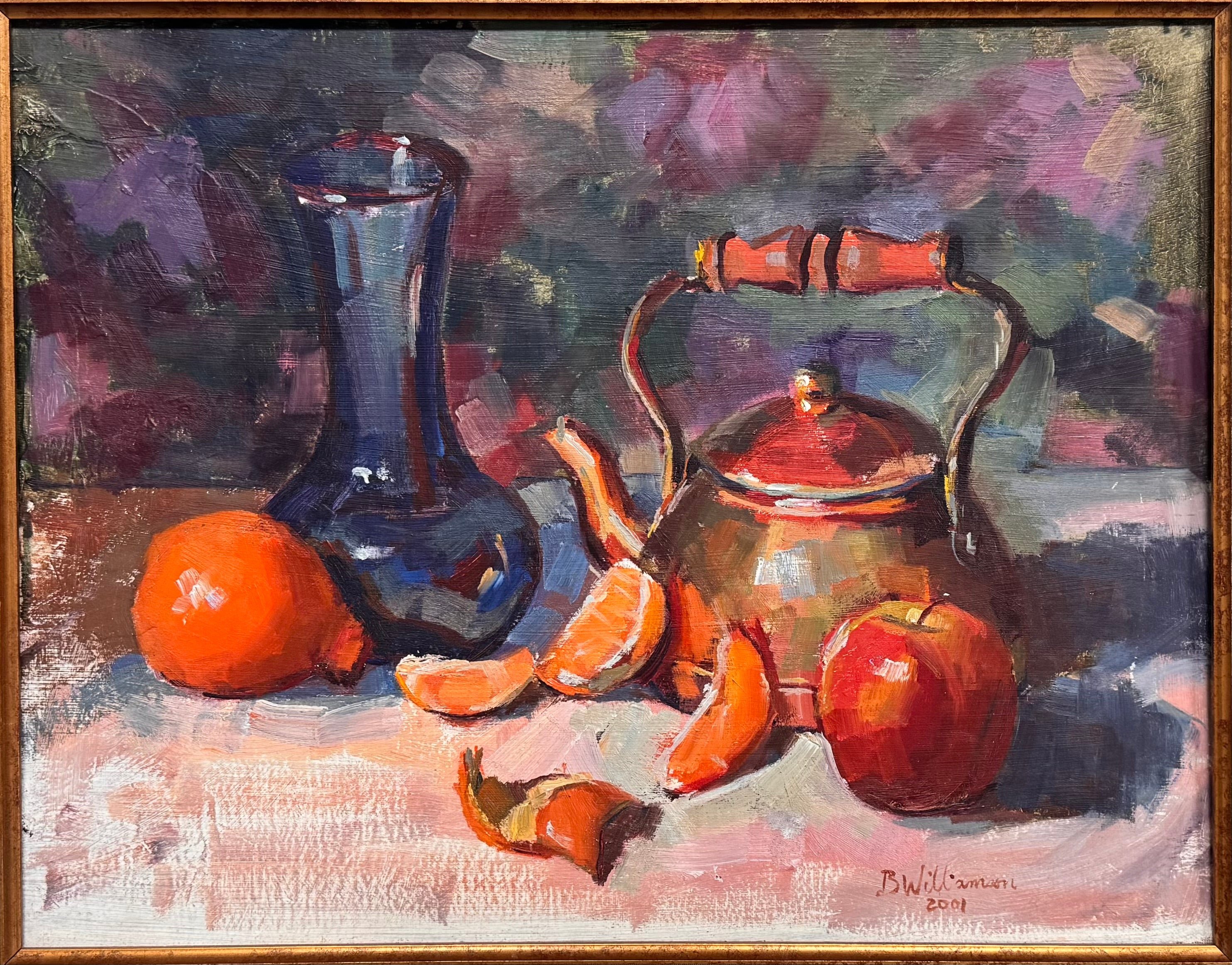 An oil painting still life featuring a copper teapot with a wooden handle, a blue glass vase, a red apple, a whole orange, and several orange slices, all arranged on a white tablecloth against a blurred purple and green background. The artist's signature "B. Willamson 2019" is visible in the bottom right corner.