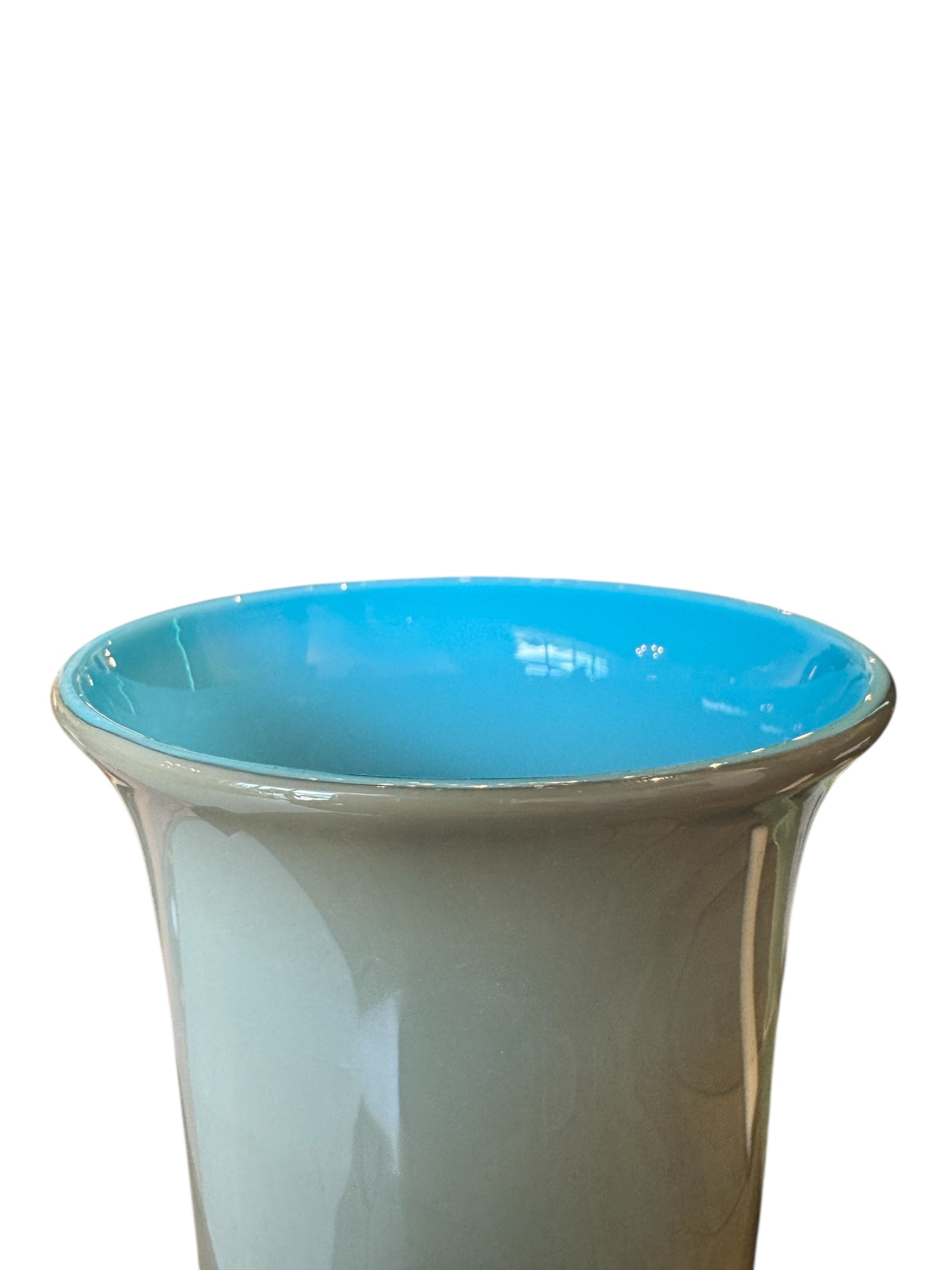 Image of a Venini Anni Trenta art glass vase, featuring a flared silhouette, Talpa colored exterior, and Acquamare interior, created using the Opalino technique