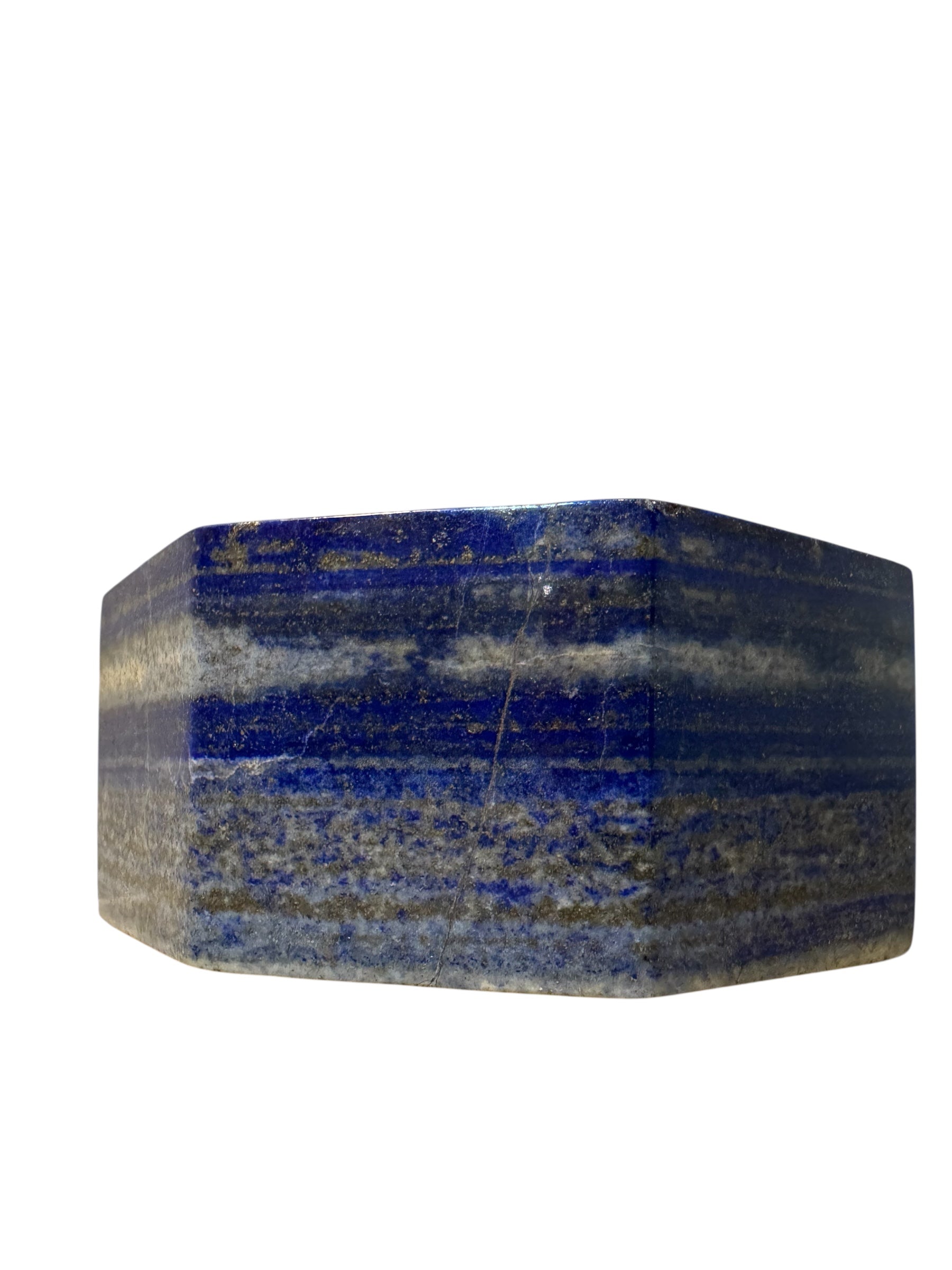 Close-up deep blue Lapis Lazuli box featuring octagonal shape pearly Labradorite cabochon silver setting on lid