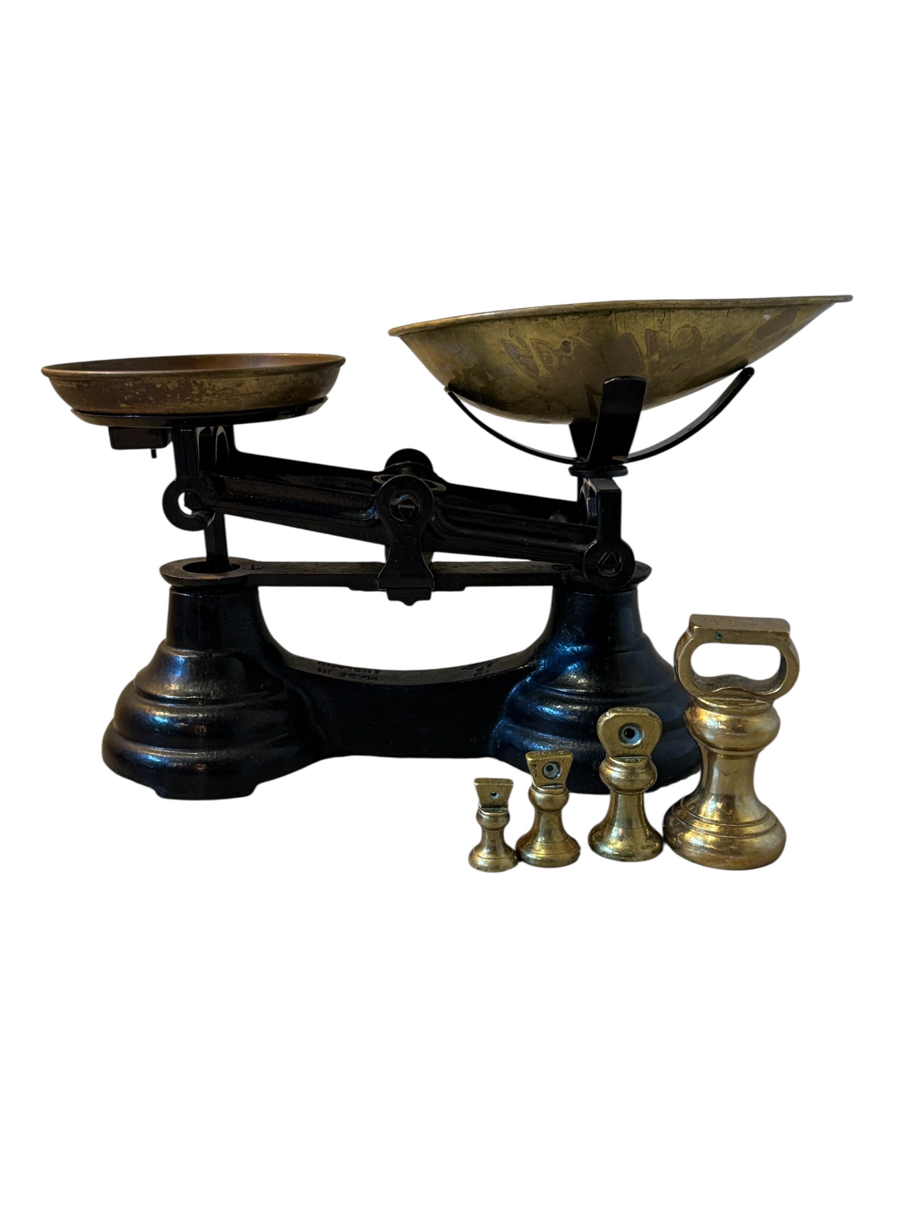Painted Balance Scale with Brass Pans & Weights, Vintage, Antique, Librasco, Black Cast Iron, Brass, Birmingham Kitchen, Weighing Scales, Brass Weights, Kitchen Scale, Appliance