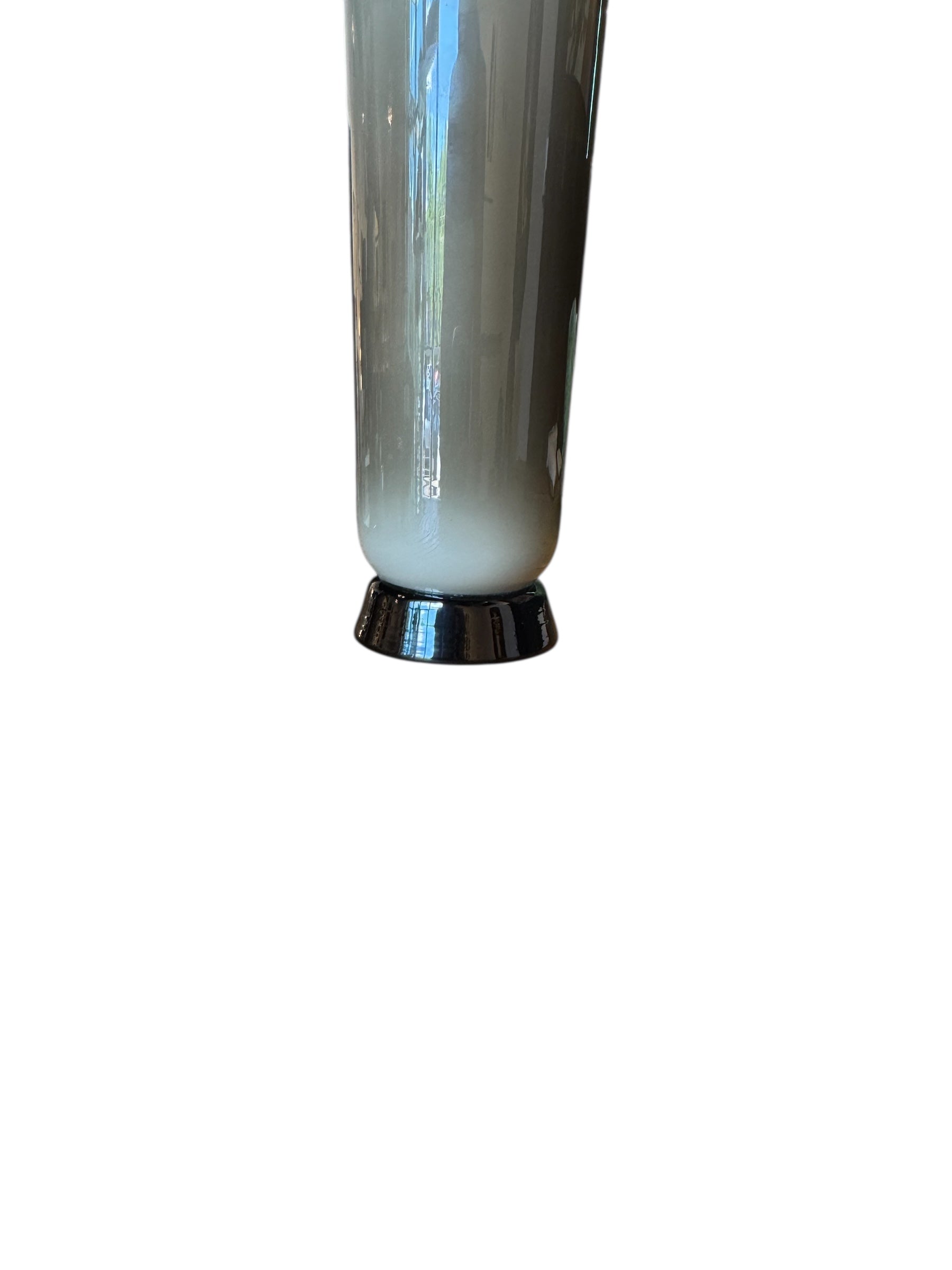 Image of a Venini Anni Trenta art glass vase, featuring a flared silhouette, Talpa colored exterior, and Acquamare interior, created using the Opalino technique
