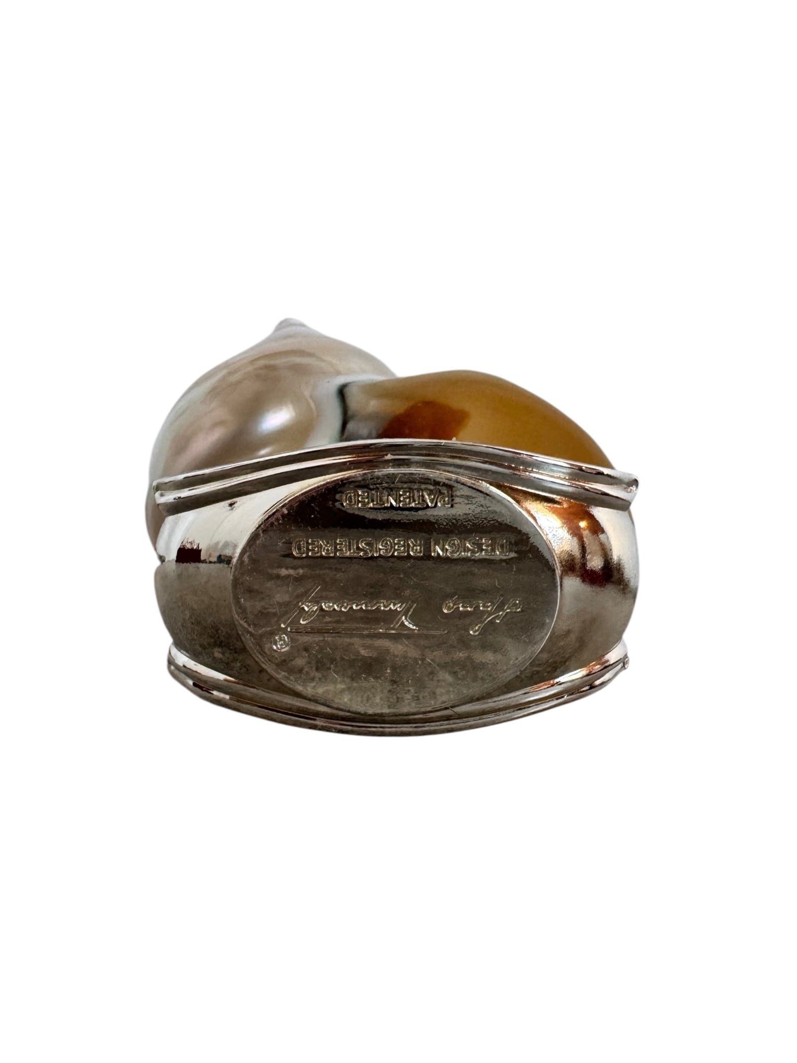 Hans Turnwald, 1980s, 1990s, napkin rings, silver ring, dinner party decoration, Hollywood regency, Turnwald Collection, High-end diningware, Coastal, Pearlized hermit shell