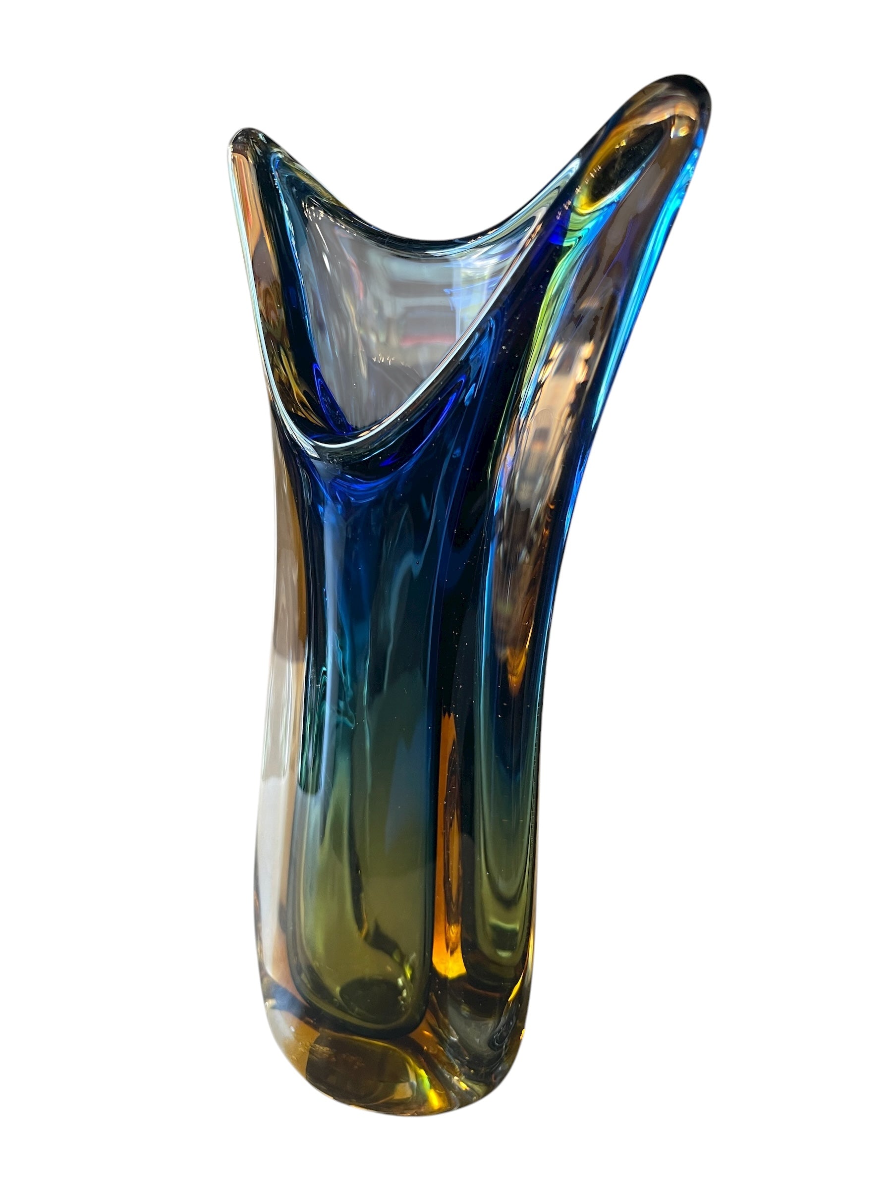 Sculptural art glass vase in the Sommerso style, featuring blue and amber colors encased in a clear glass layer. The vase has a vintage mid-century modern design