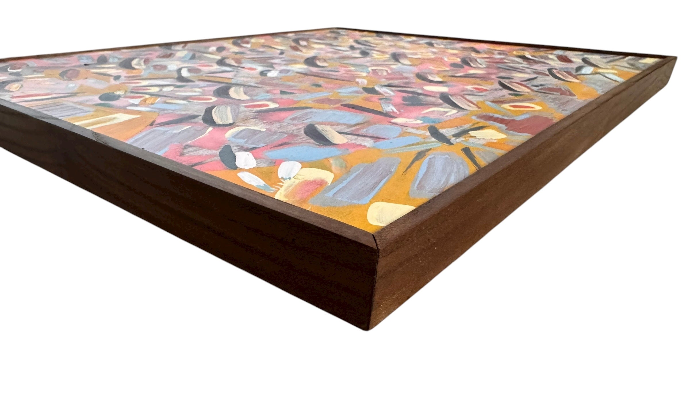 An abstract painting titled 'Cascade of Gold and Pink' by Robert Wymer, framed in dark wood. The artwork features a vibrant pink background densely covered with a dynamic arrangement of multi-directional, oblong, and dash-like brushstrokes in gold, red, blue, gray, white, and black.