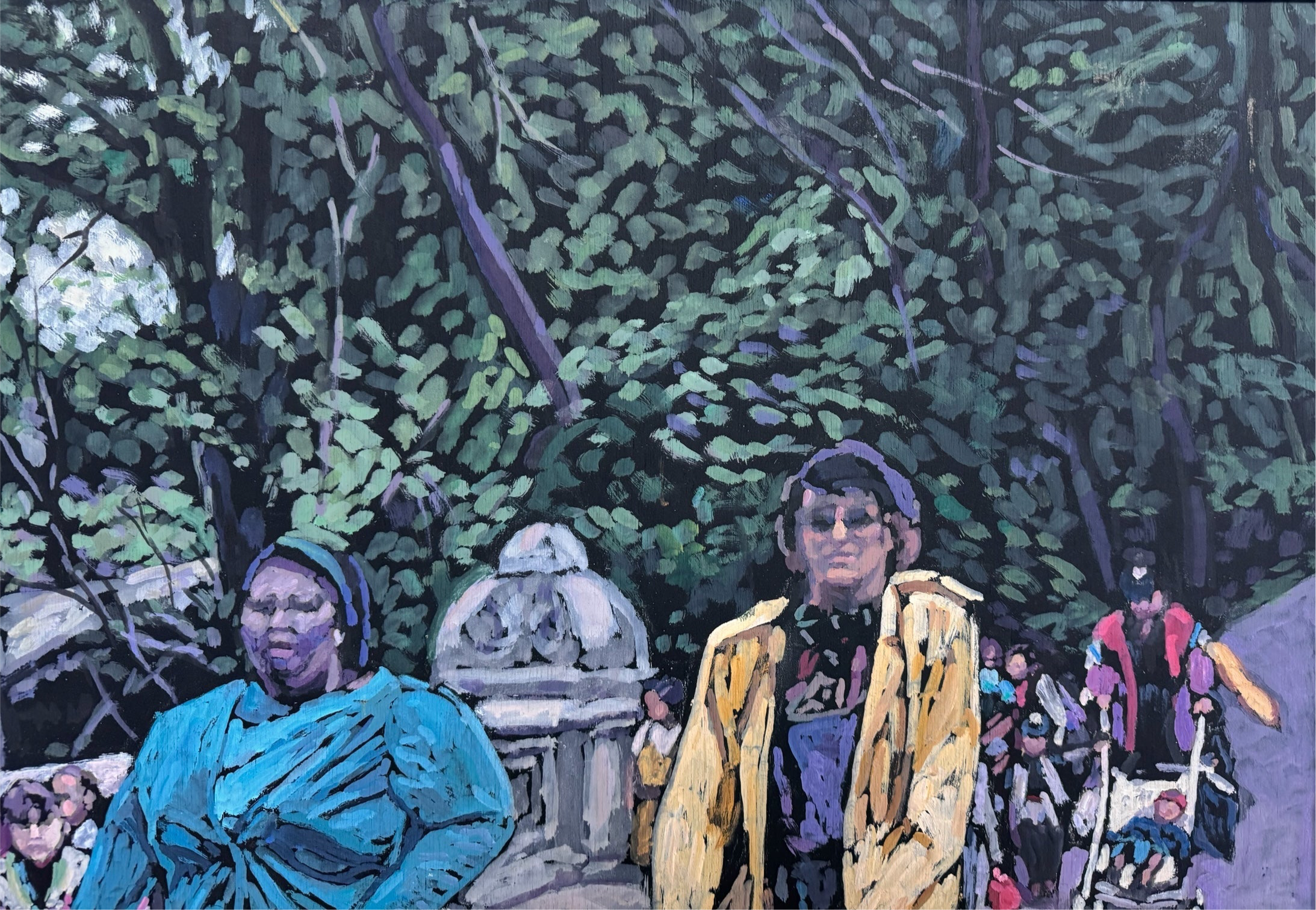 Painting by Evelyn Borchard Metzger, 'School Class, Central Park (Looking Back),' depicting an urban scene with figures and a stroller, rendered in a colorful, impressionistic style.