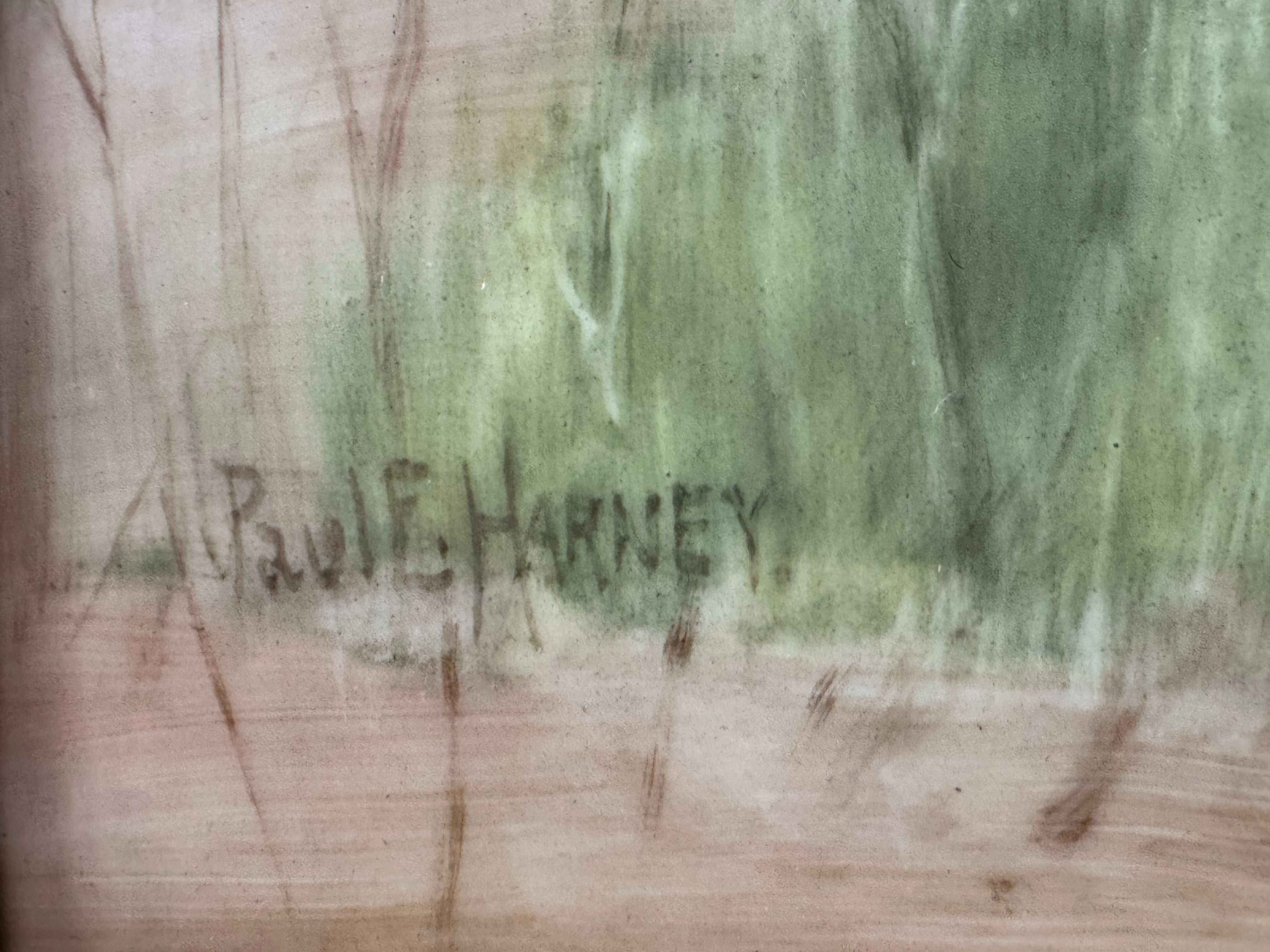 The artwork is a painting on porcelain plaque, titled "Chickens Foraging in a Barn Yard" by the American artist Paul E. Harney Jr. (1850-1915). It is housed in an ornate, gilt frame. The painting depicts a rural scene with several chickens on a grassy ground near a small structure with a thatched roof and a white picket fence in the background