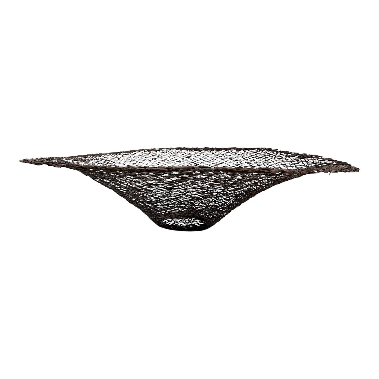 A round metal wall sculpture by Michael Aram, viewed from the front against a stark white background. The piece is composed of a dense, intricate lattice of fine, dark metal wire or twigs woven together to create a textured, web-like pattern. The structure curves inward like a funnel or a vortex, sloping down toward a clean, circular opening in the exact center, creating a strong sense of depth and dimensionality.