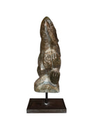 Figural sculpture in the Shona style, Zimbabwe. Two abstracted figures are intertwined, carved from greenish-brown soapstone. Sculpture rests on a dark iron stand.