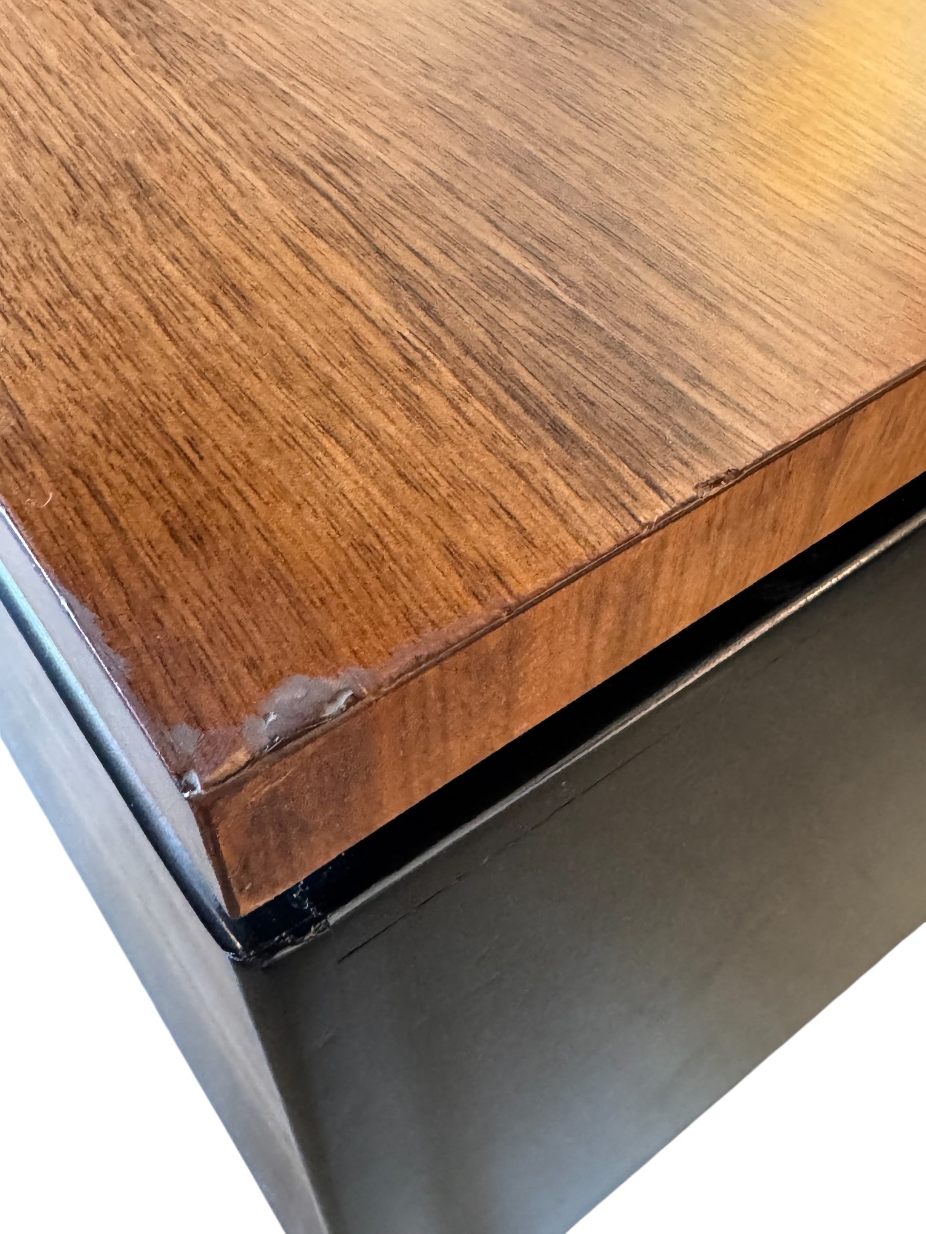 Mid Century Desk, Mid Century, Desk, Tapered Legs, Morris C. Mallin, Mallin Furniture Co., Walnut Veneer, black enameled metal, sleek, corporate, modernist