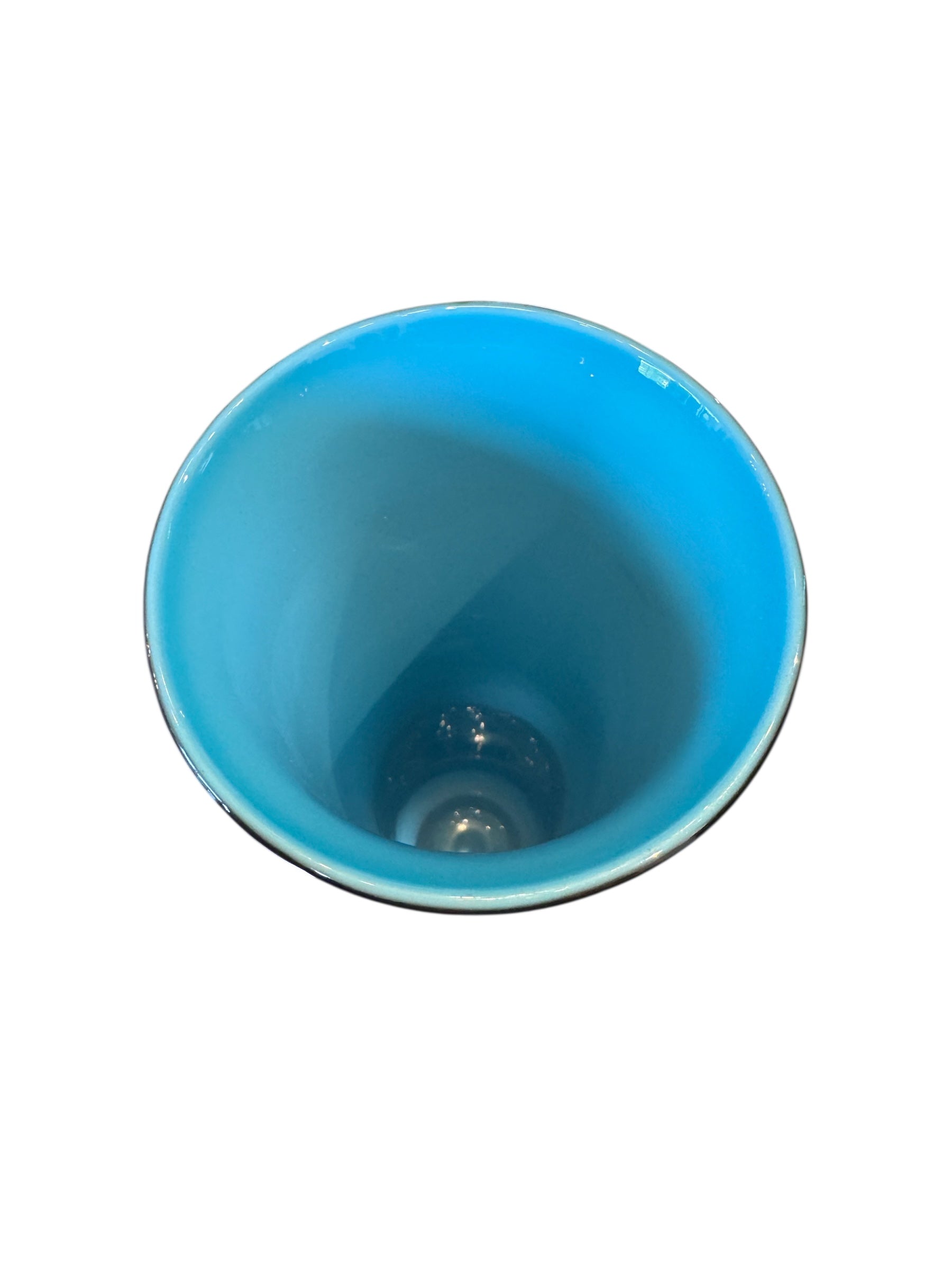 Image of a Venini Anni Trenta art glass vase, featuring a flared silhouette, Talpa colored exterior, and Acquamare interior, created using the Opalino technique