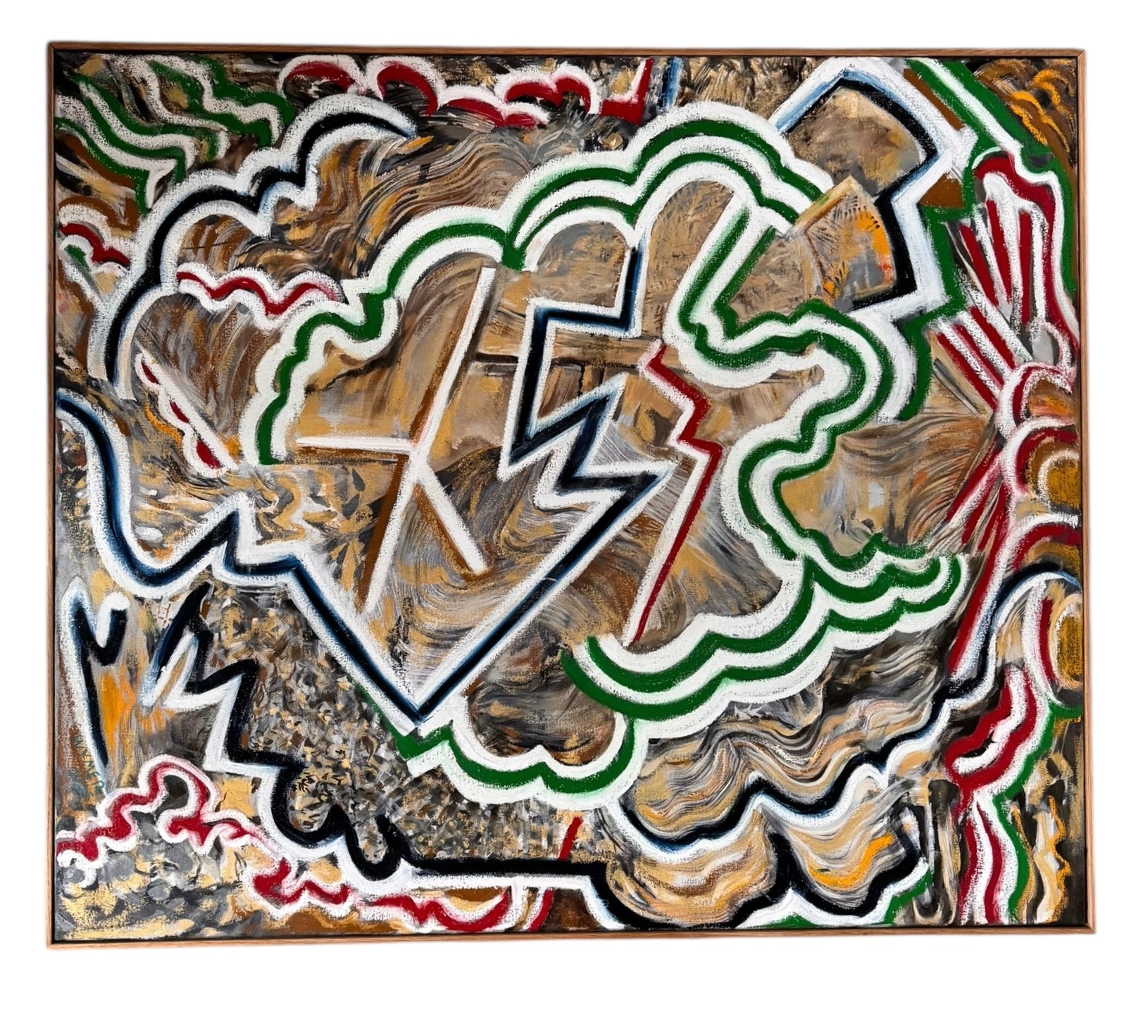 A close-up, angled view of an abstract oil painting titled 'Topography' by Robert Wymer. The painting's edge reveals thick, textured swirls of brown, gold, red, green, and white paint. It is framed in a natural light-brown teak wood frame, with a visible corner joint where two pieces of wood meet