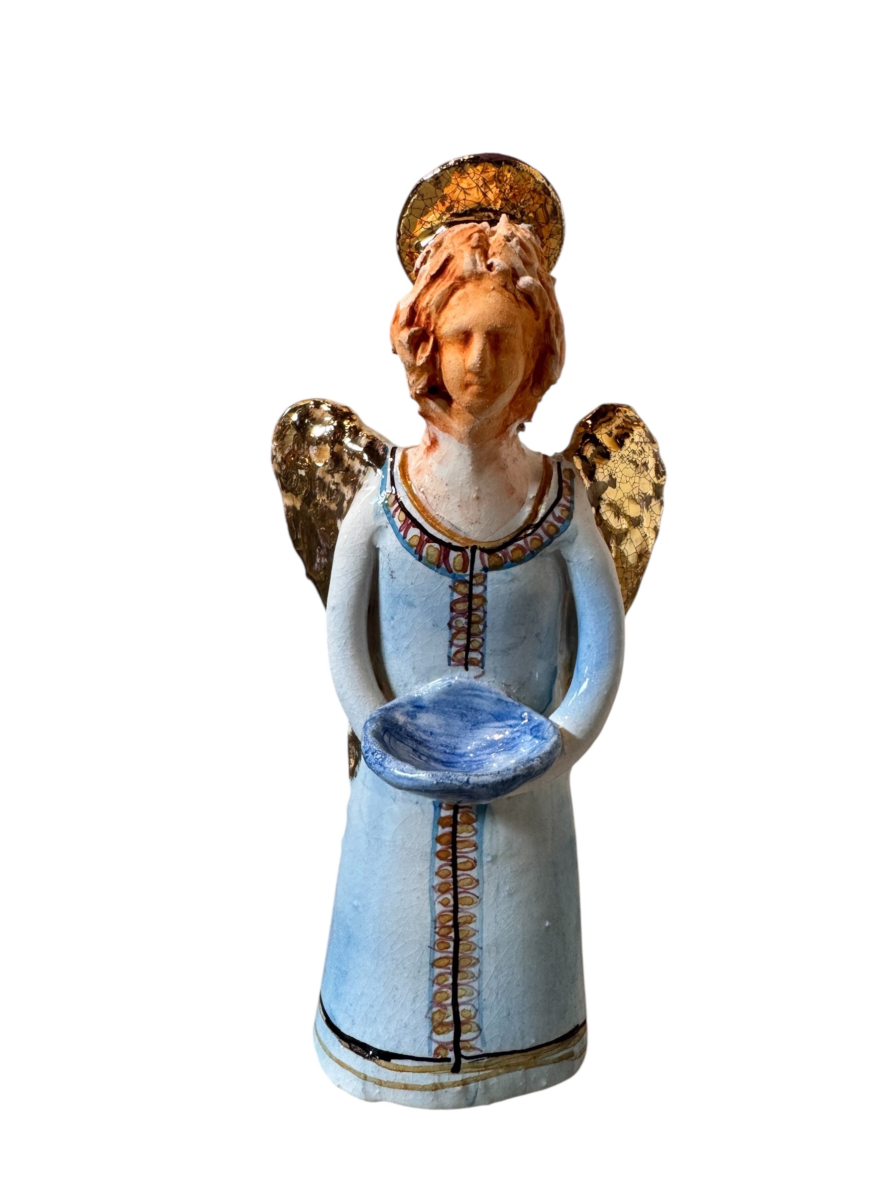 Angeli by Dominico Pinto, Angels, Sculptures, Table top ornaments, Gold accents, blue and white, geometric quilting, ceramic, folk art