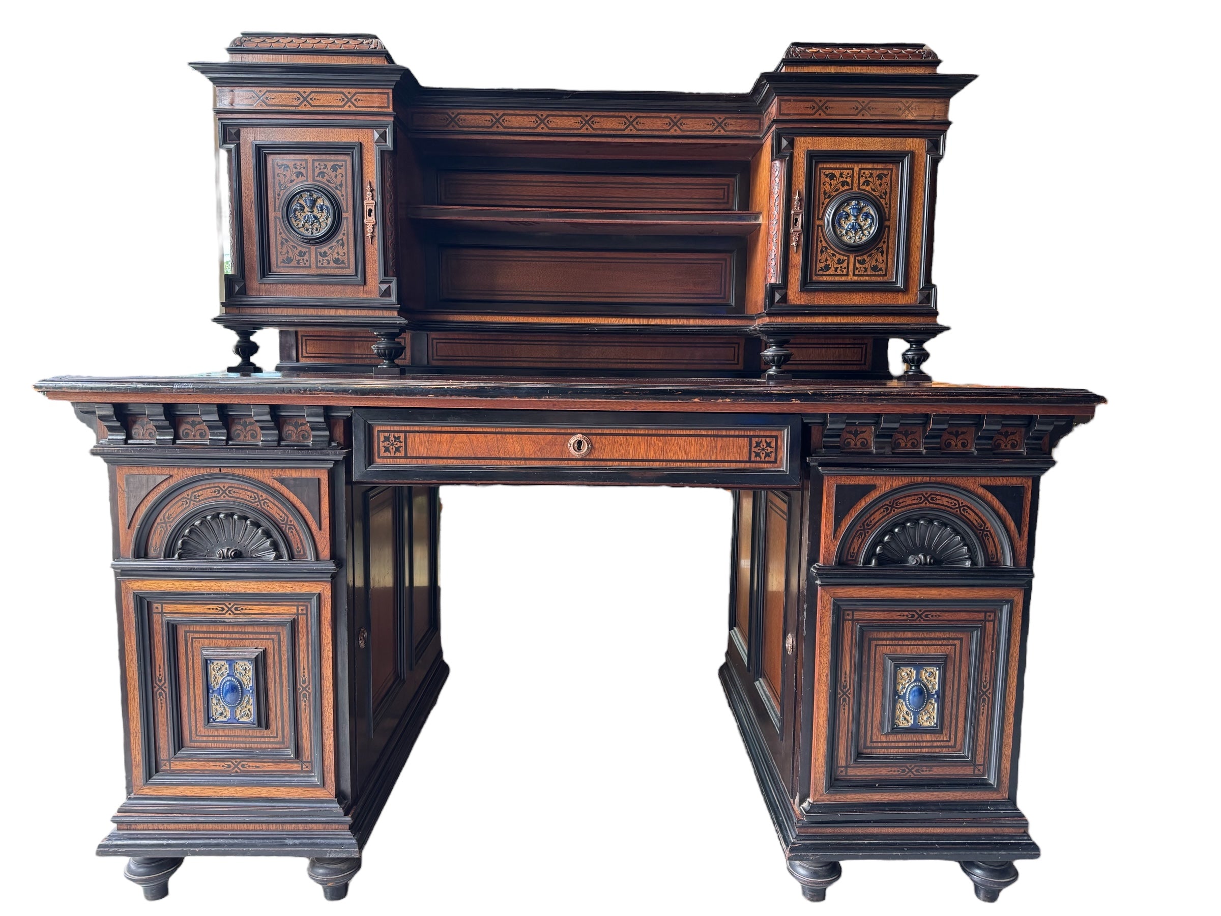 Writing desk
Antique
Victorian
19th-century
English
Walnut
Parcel-ebonized
Dovetail joints
Handcrafted
Solid wood
Plank construction
Joinery
Traditional woodworking
A Bruce James Talbert-Inspired Victorian Writing Desk