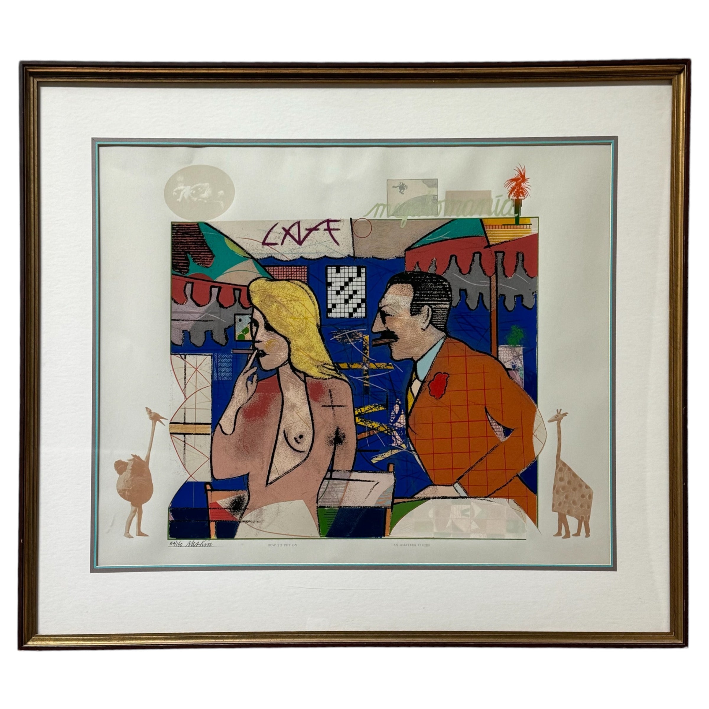 Original signed screen print by Richard Merkin featuring a whimsical scene with a couple and animals, titled 'An Amateur Circus'.