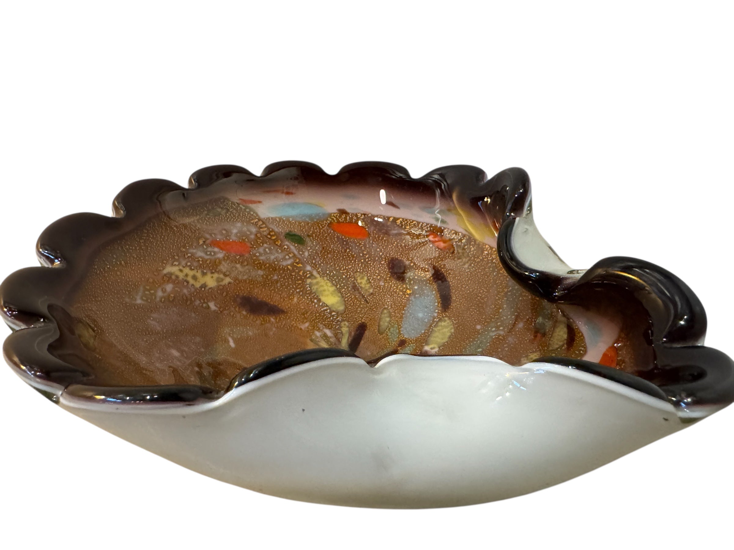 Murano art glass bowl with amethyst edge, gold flecks, and colorful glass inclusions.