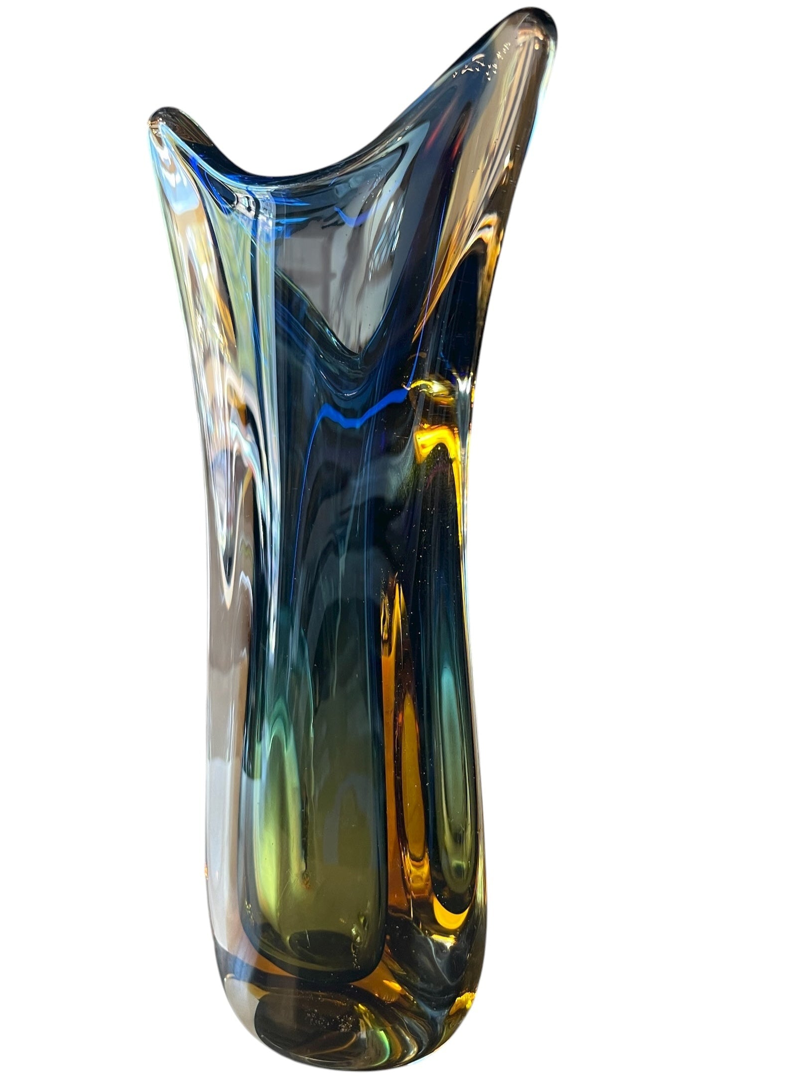 Sculptural art glass vase in the Sommerso style, featuring blue and amber colors encased in a clear glass layer. The vase has a vintage mid-century modern design