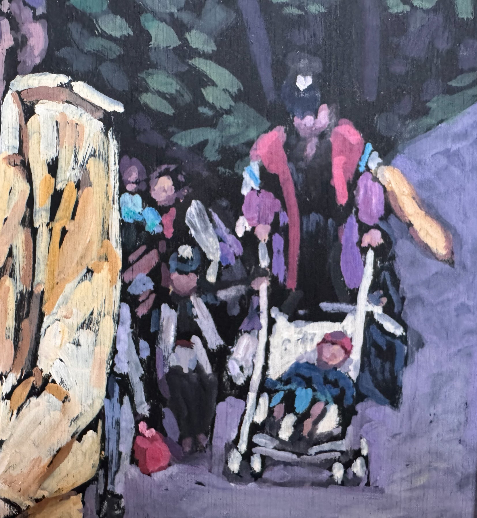 Painting by Evelyn Borchard Metzger, 'School Class, Central Park (Looking Back),' depicting an urban scene with figures and a stroller, rendered in a colorful, impressionistic style.