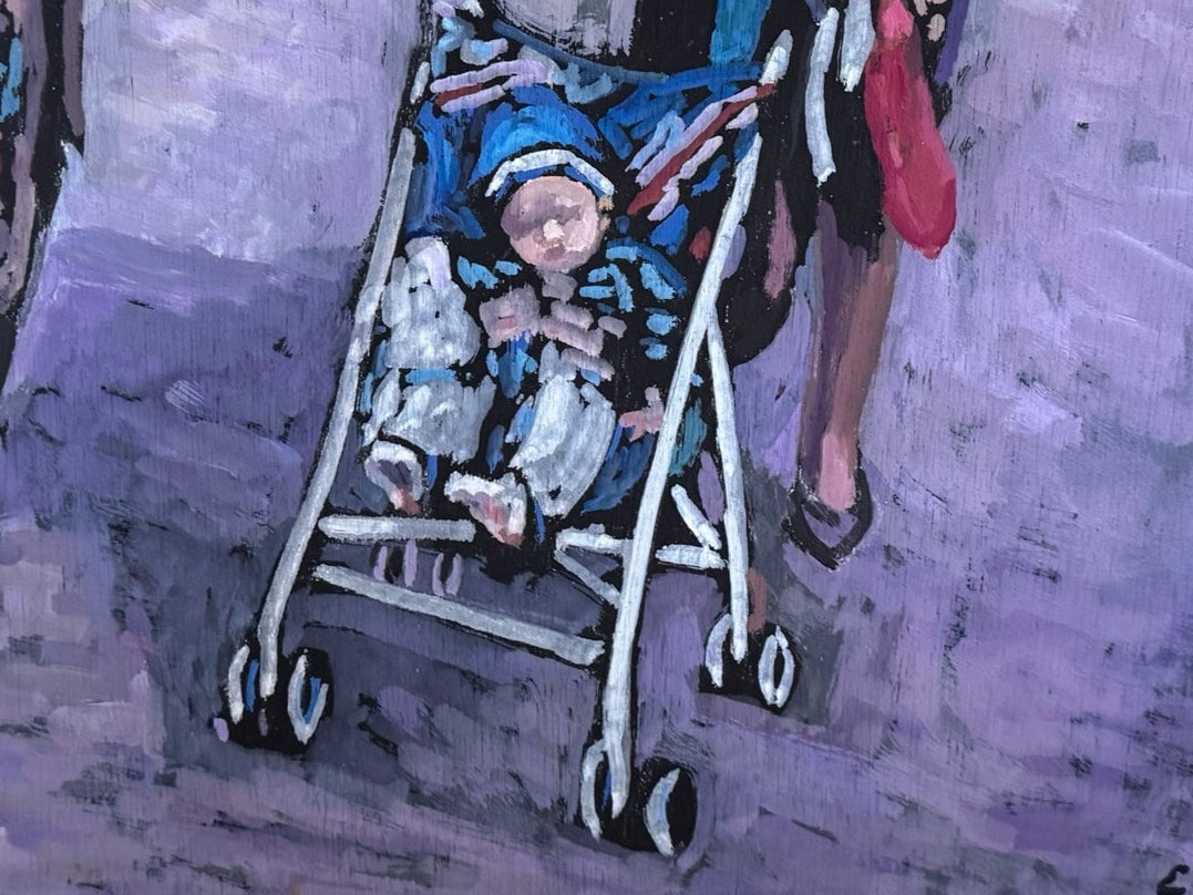 Painting by Evelyn Borchard Metzger, 'School Class, Central Park (Looking Back),' depicting an urban scene with figures and a stroller, rendered in a colorful, impressionistic style.