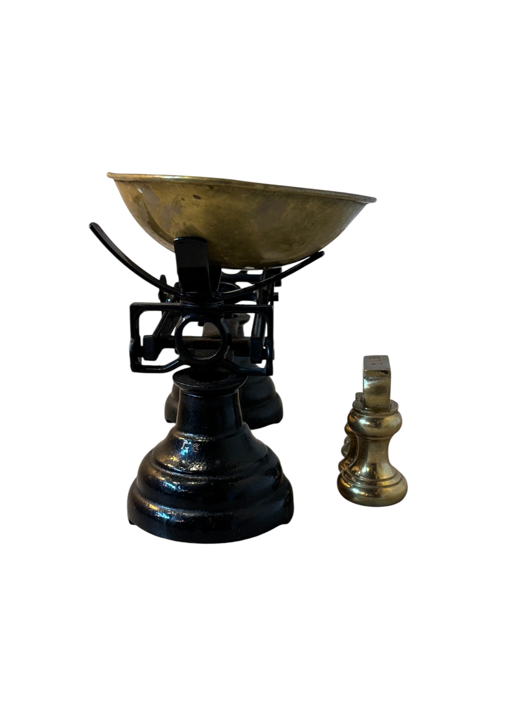 Painted Balance Scale with Brass Pans & Weights, Vintage, Antique, Librasco, Black Cast Iron, Brass, Birmingham Kitchen, Weighing Scales, Brass Weights, Kitchen Scale, Appliance