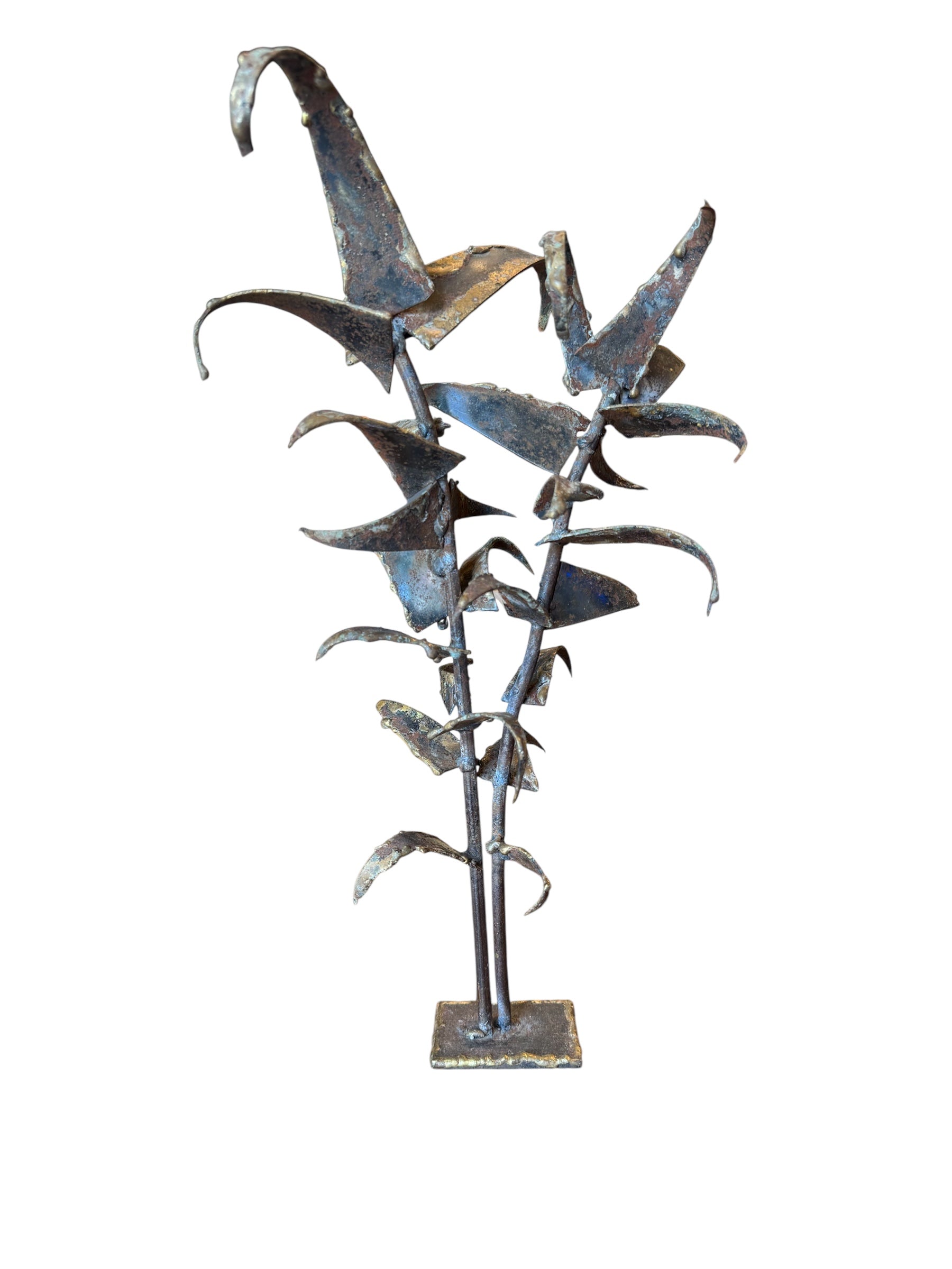 Mid-century Brutalist sculpture made of brass and bronze, depicting a stylized plant with textured, oxidized surfaces.