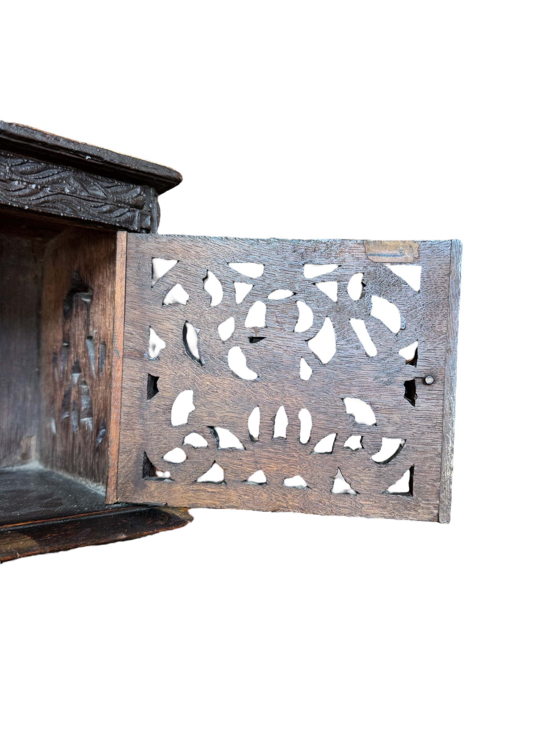 Diminutive Piece Carved Mahogany Cabinet, 19th Century, Mahogany, Cabinet, bird carvings, botanical carvings, sloping integral base, one door, floral motifs, brass door handle